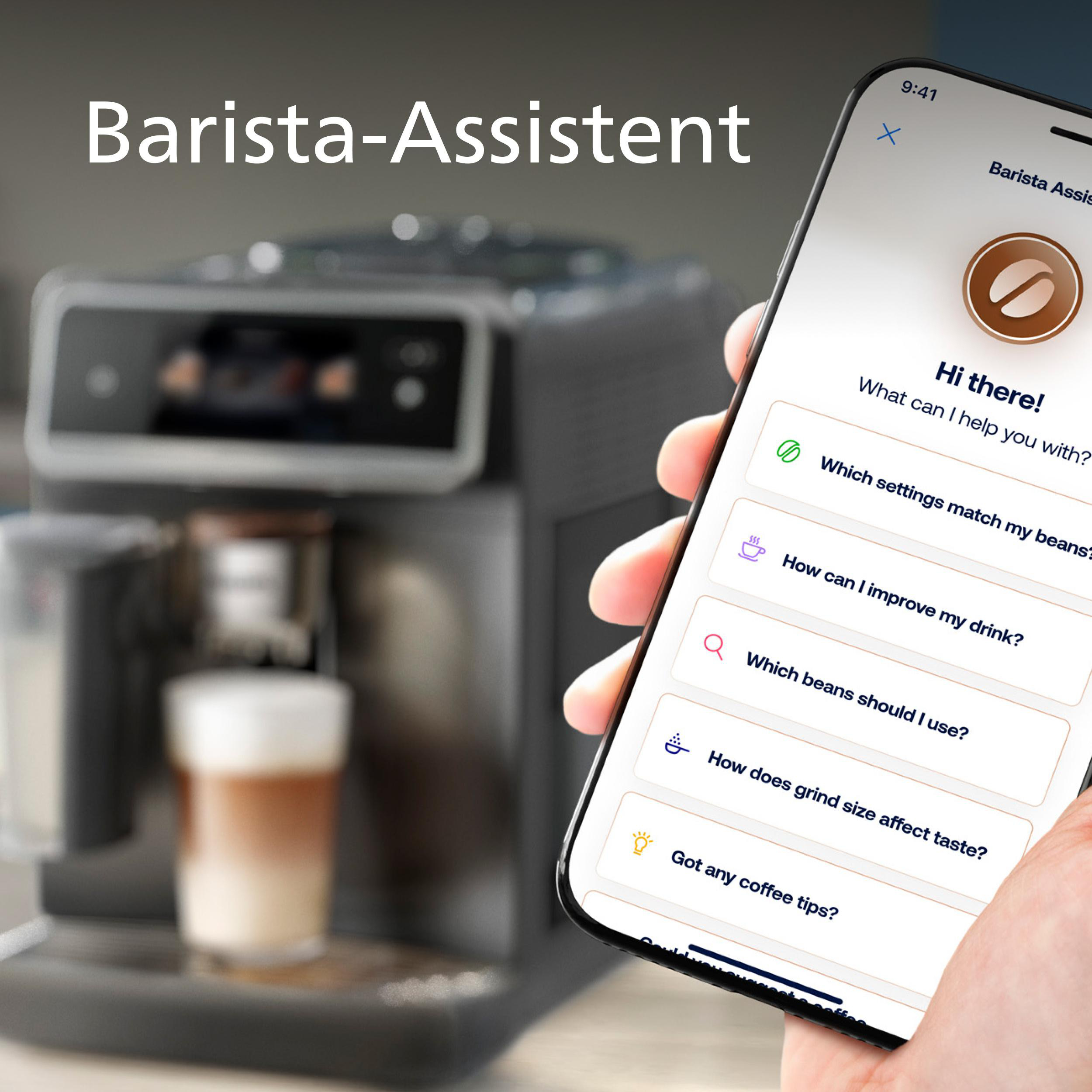 Ein Smartphone zeigt eine Kaffeemaschine und Fragen zur Kaffeezubereitung an.