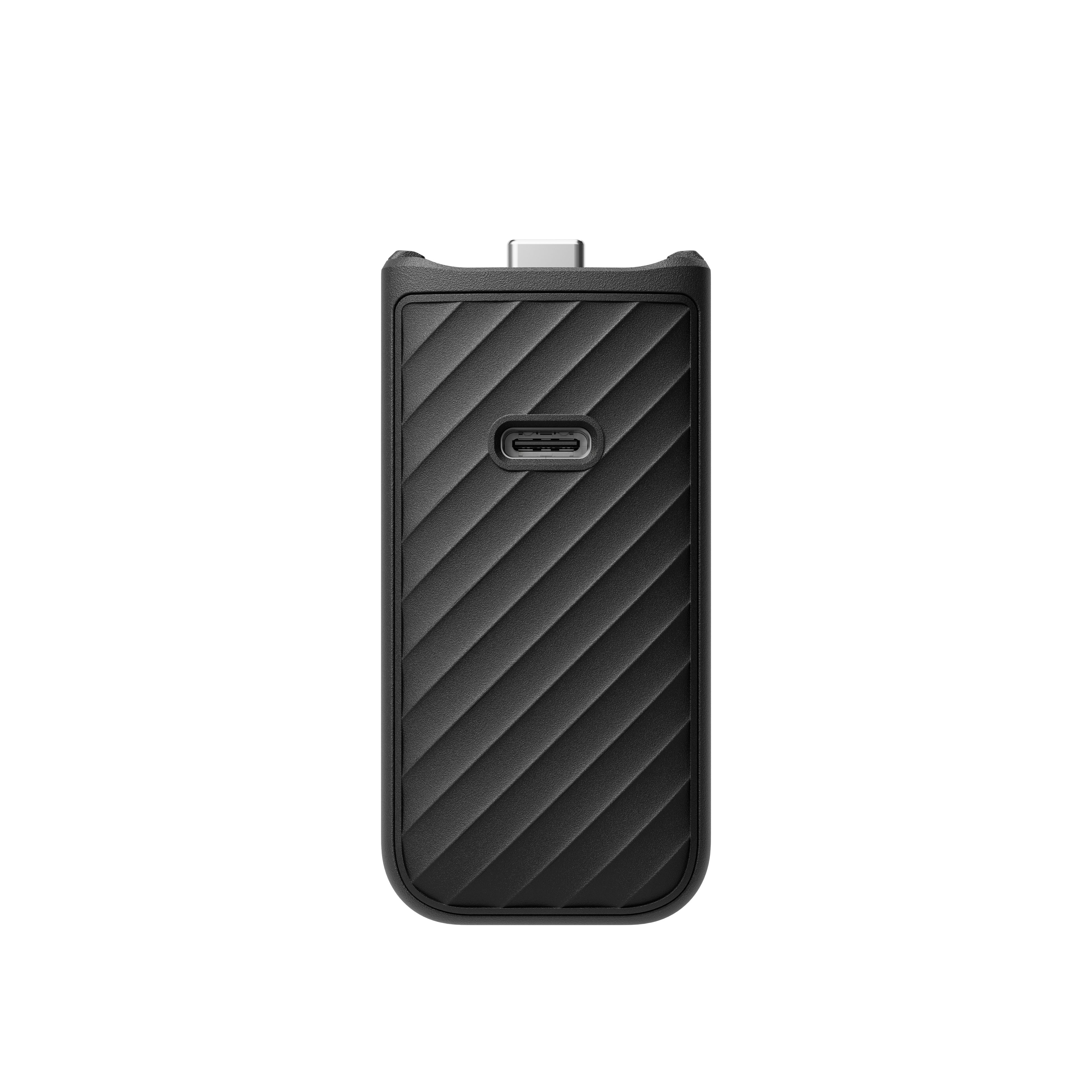 Schwarzes USB-C-Gerät mit gerillter Textur und sichtbarem Anschluss.