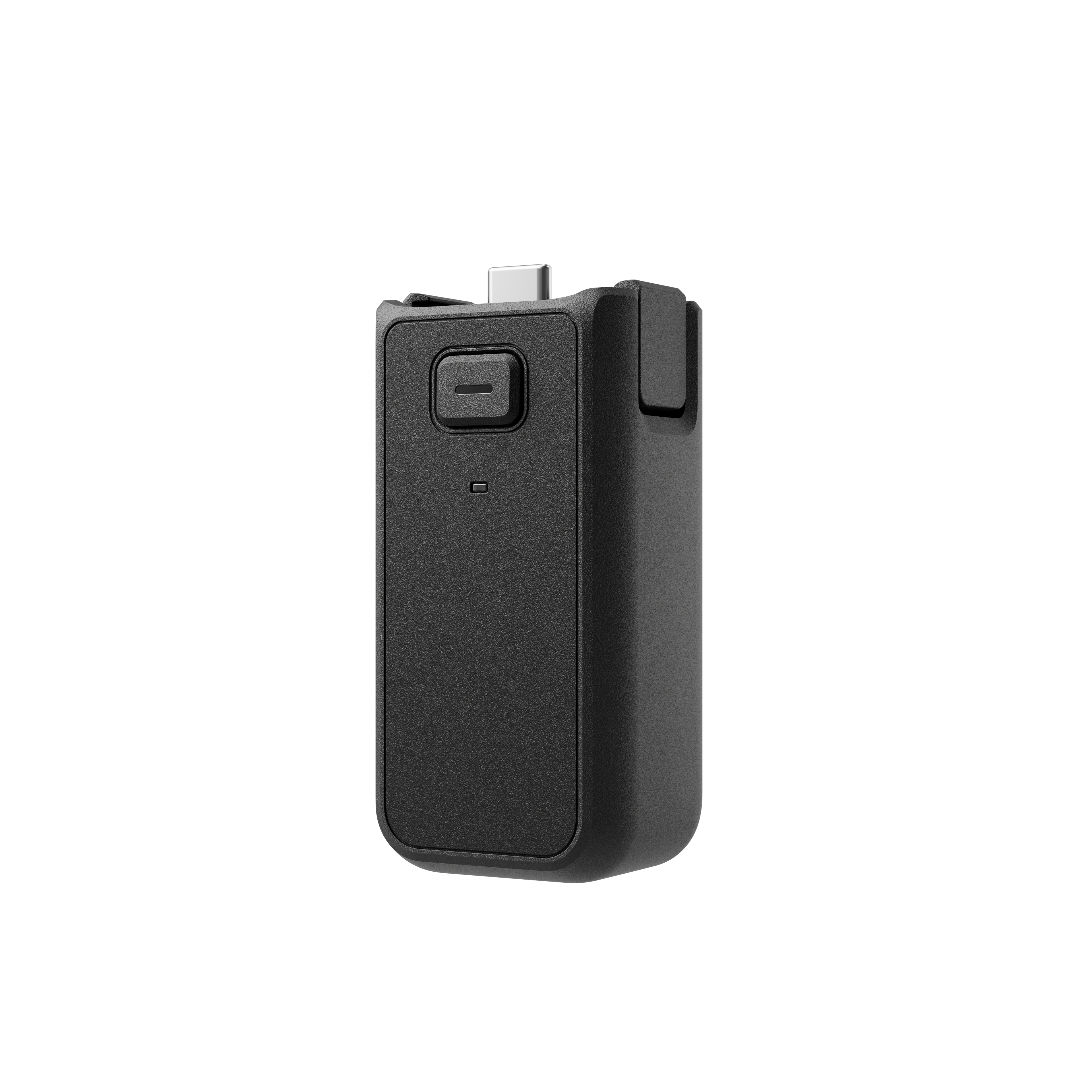Ein schwarzes rechteckiges Gerät mit einem Knopf und einem USB-C-Anschluss.