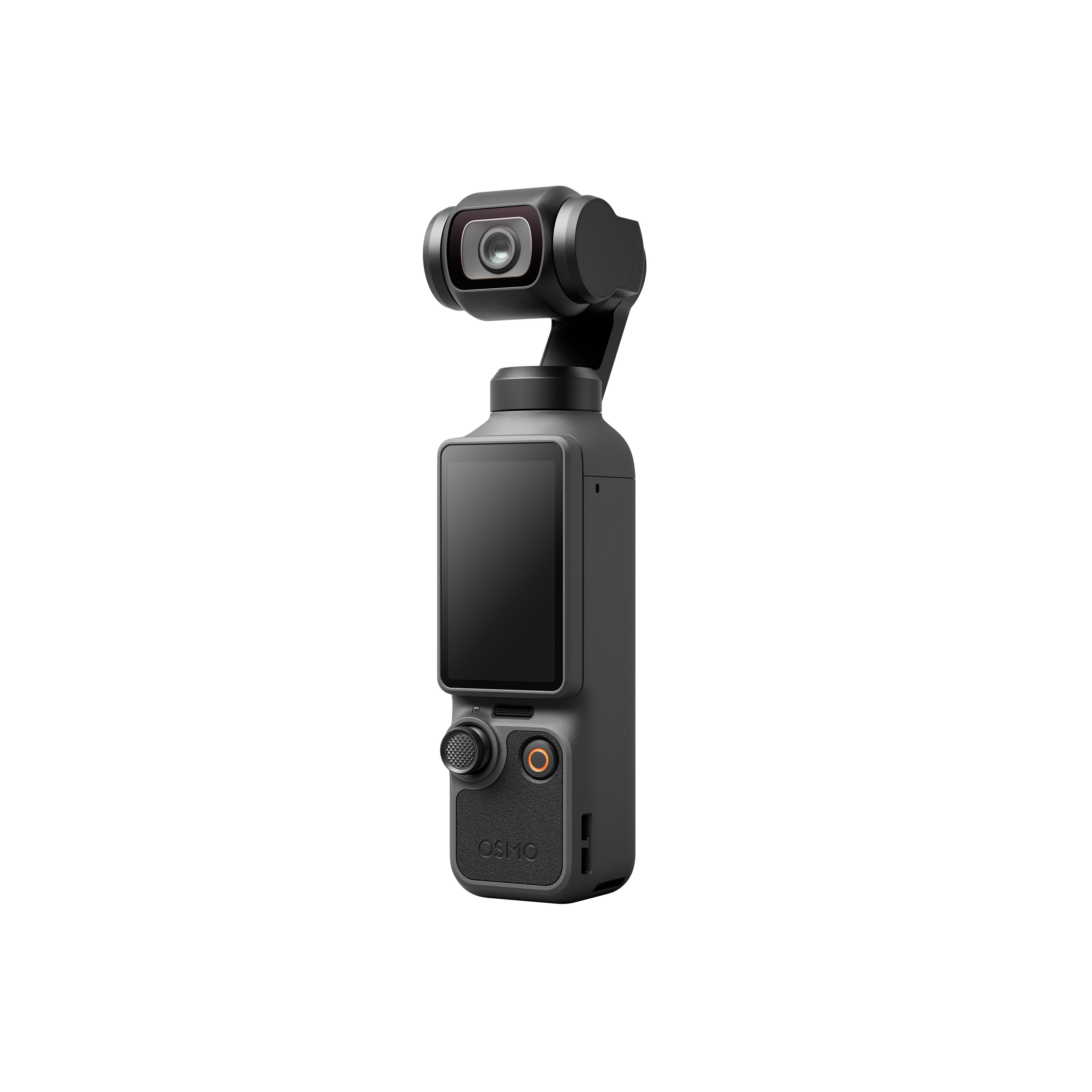 Ein schwarzer Gimbal mit Touchscreen, Objektiv und Bedienelementen auf weißem Grund.