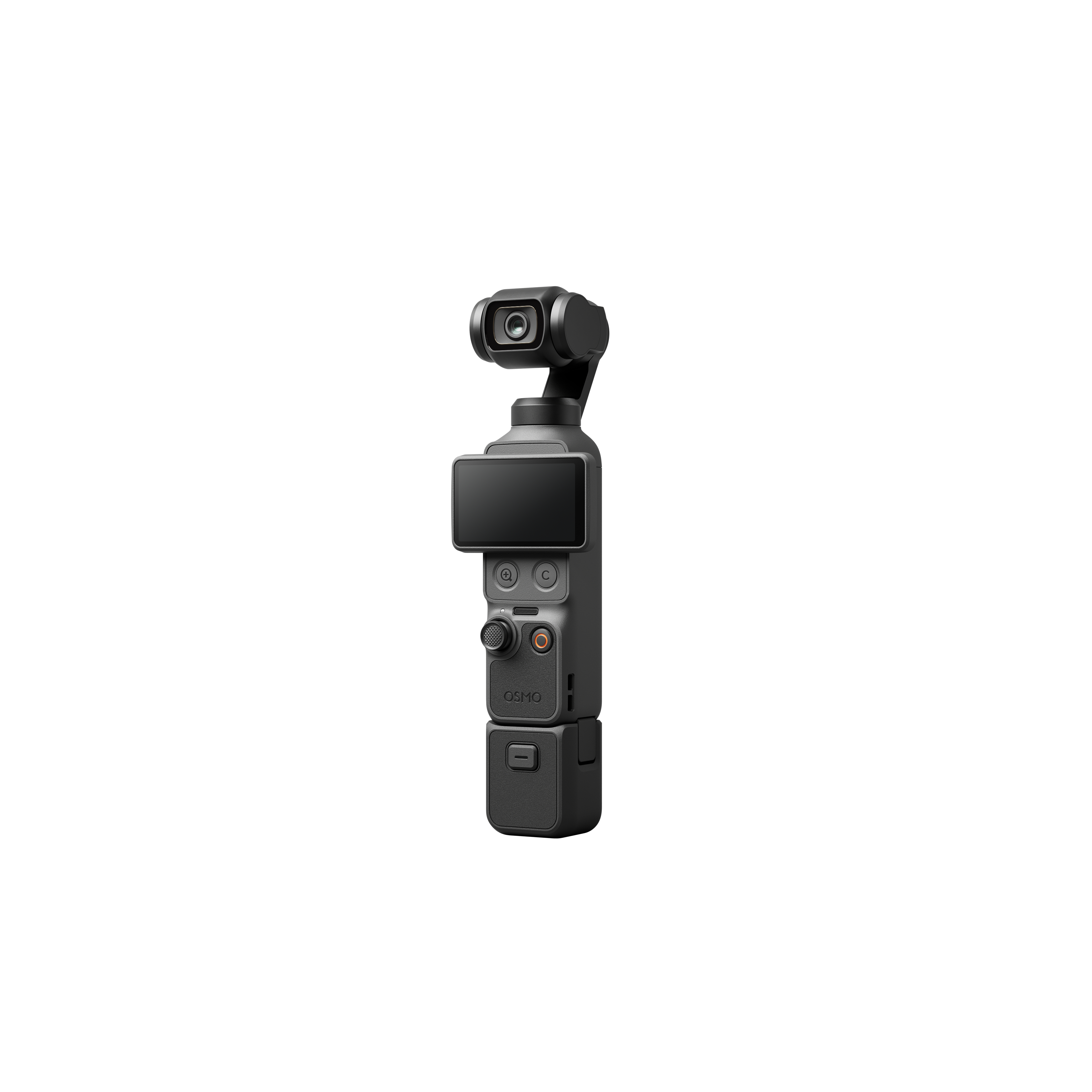 Ein schwarzer Gimbal-Stabilisator mit Kamera und Bildschirm auf weißem Hintergrund.
