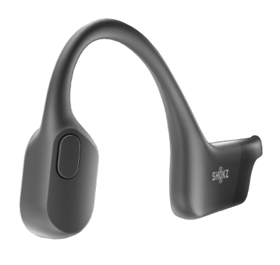 Czarny zestaw słuchawkowy do przewodnictwa kostnego z zakrzywionym pałąkiem i logo SHOKZ.