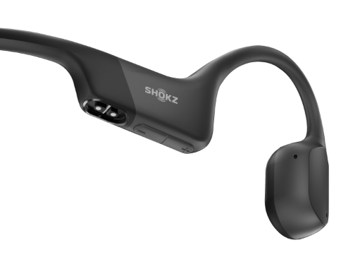 Czarne słuchawki Shokz z dwoma głośnikami i przyciskami.