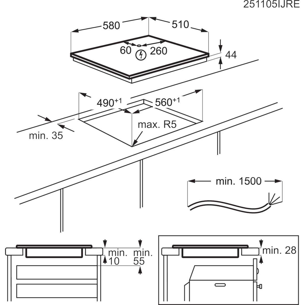 A diagram a beépíthető főzőlap méreteit mutatja. Méretek mm-ben.