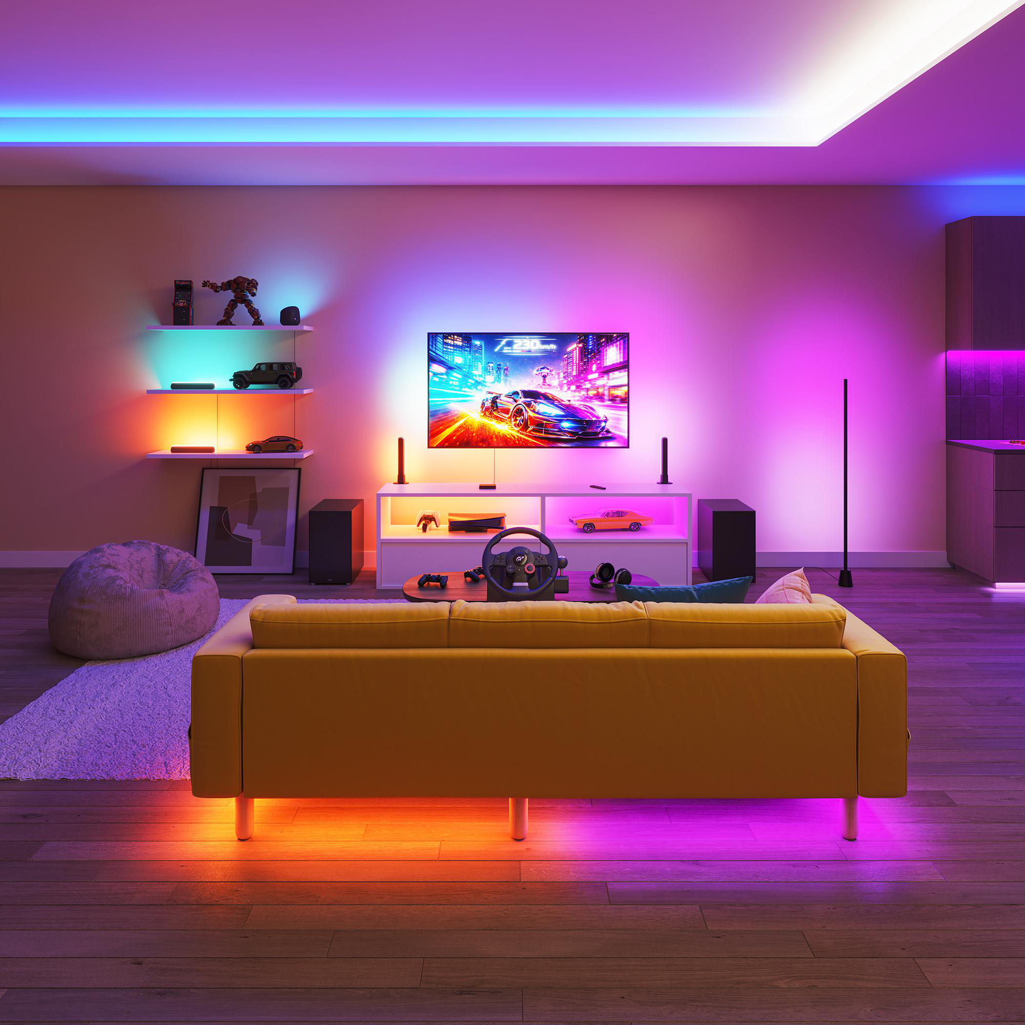 Ein Wohnzimmer mit gelber Couch, Spielzeug und bunter Beleuchtung.