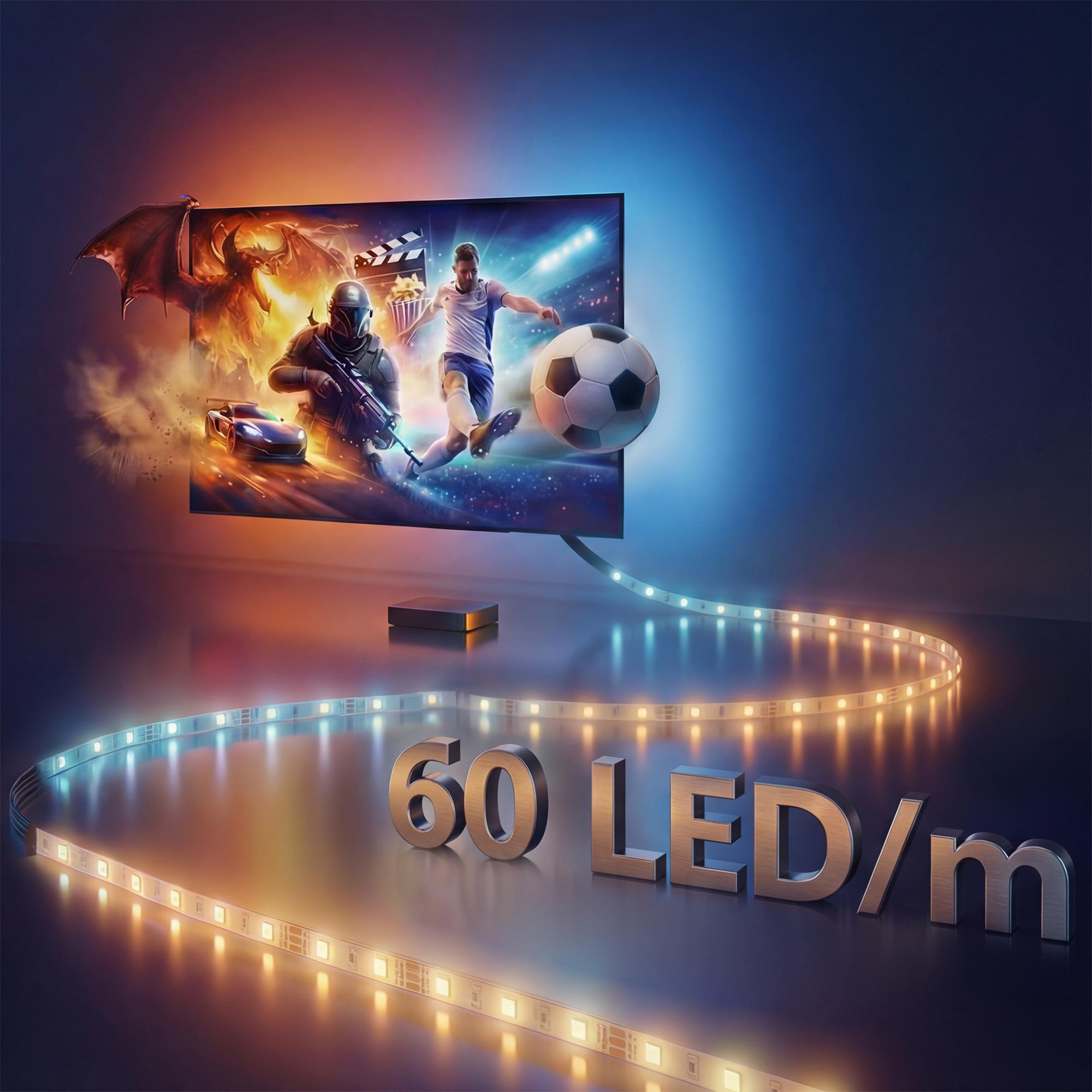 Ein Fernsehbildschirm zeigt einen Drachen, einen Soldaten, ein Auto und einen Fußballspieler. LED-Streifen sind davor.