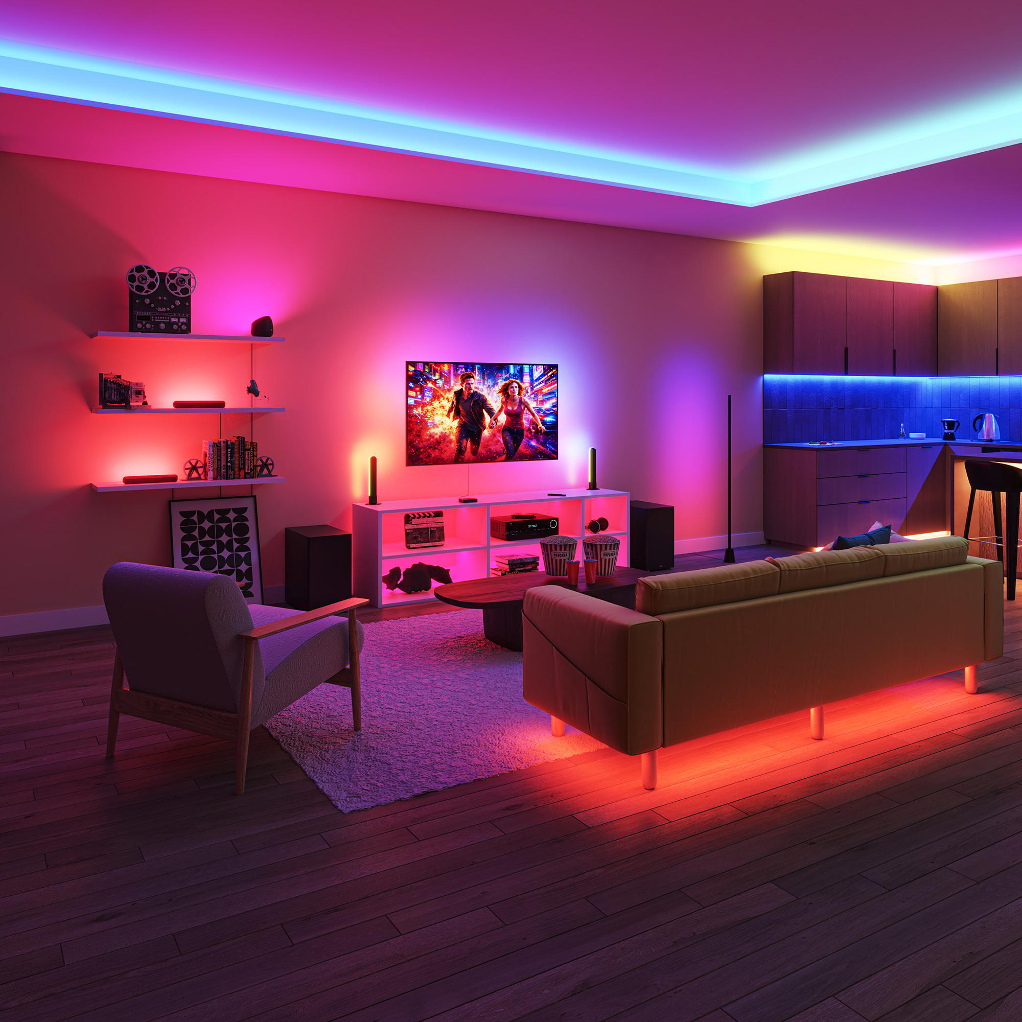 Modernes Wohnzimmer mit farbiger Beleuchtung, Sofa, Sessel und Fernseher.