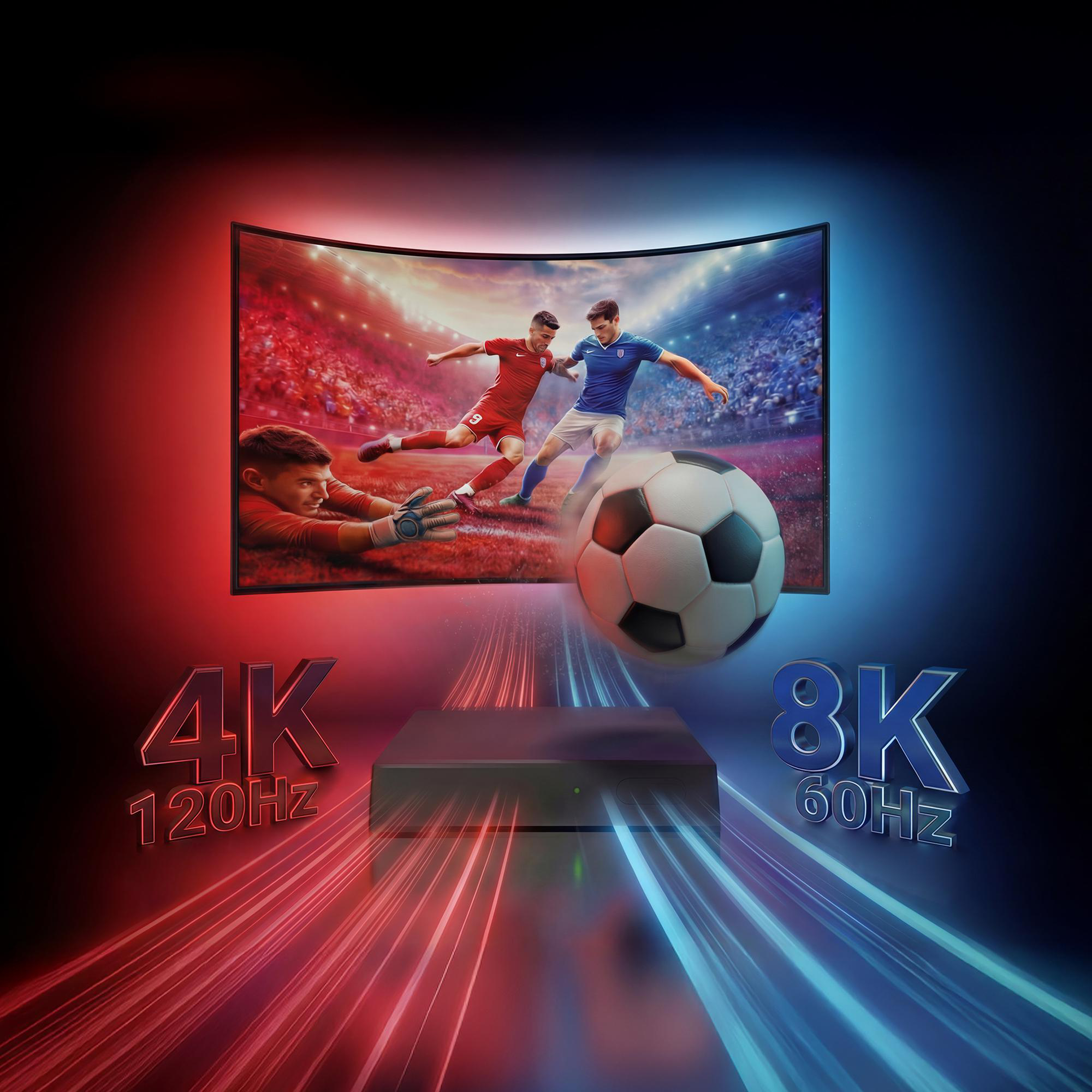 Ein Fußballspiel wird auf einem gekrümmten Bildschirm gezeigt, mit 4K 120Hz und 8K 60Hz.