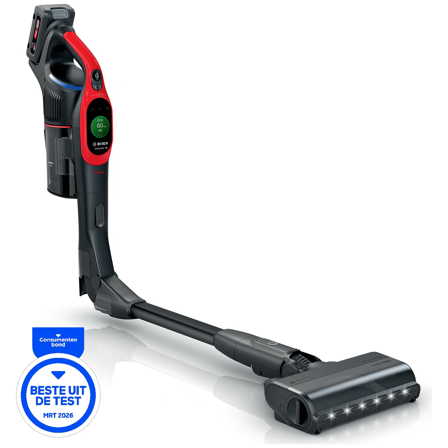 A black and red Bosch cordless vacuum cleaner with display and LED brush.