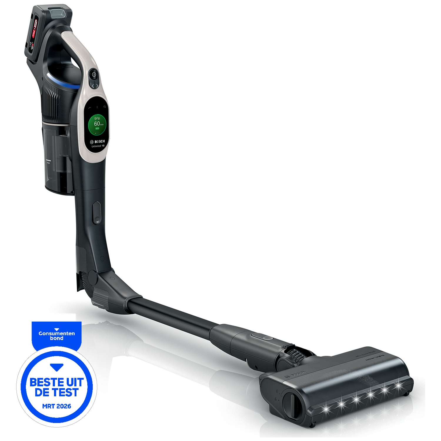 Black Bosch cordless vacuum cleaner with blue 'Best in test' seal.