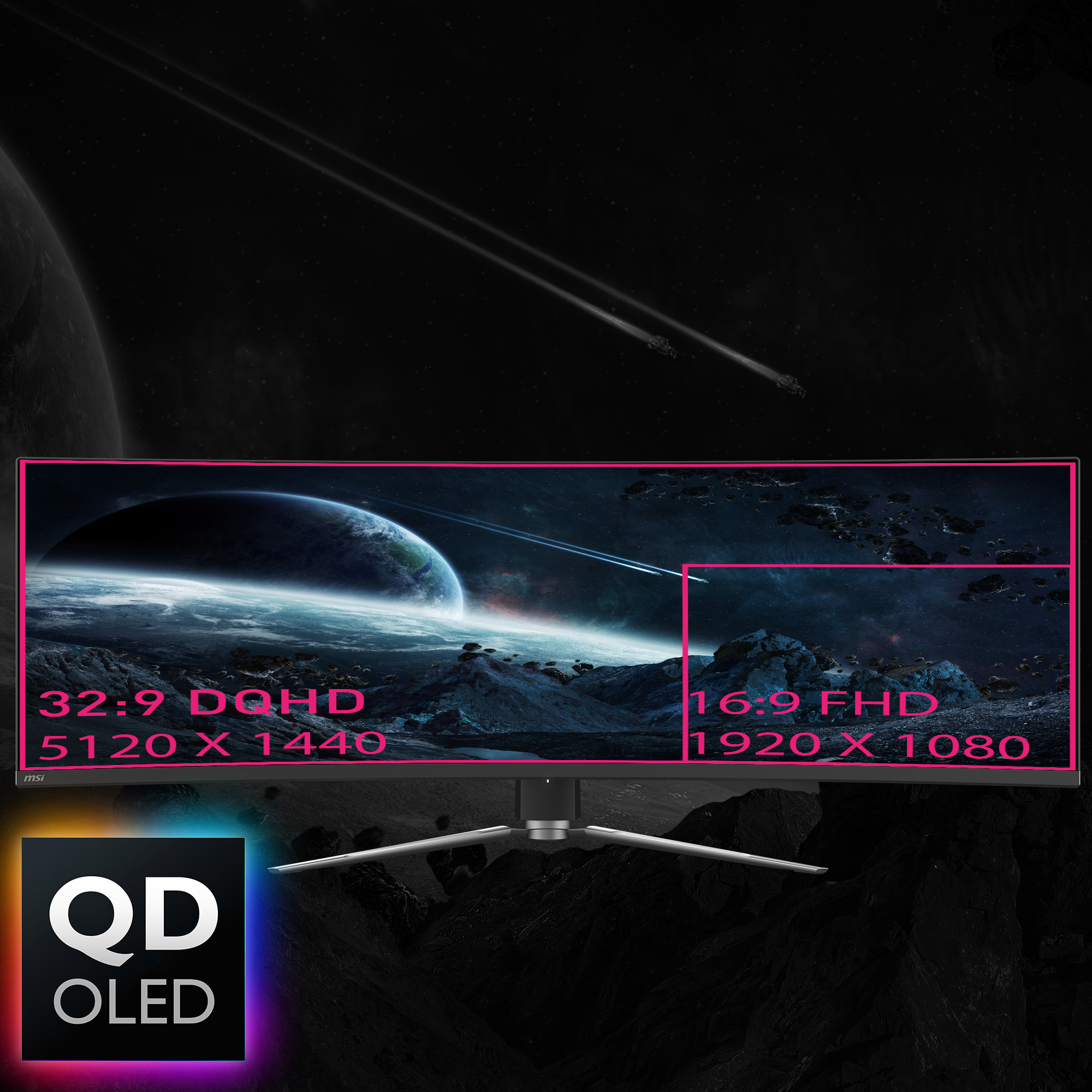 Ein Monitor mit QD-OLED-Logo zeigt eine Weltraumlandschaft mit Planeten und Raumschiffen.