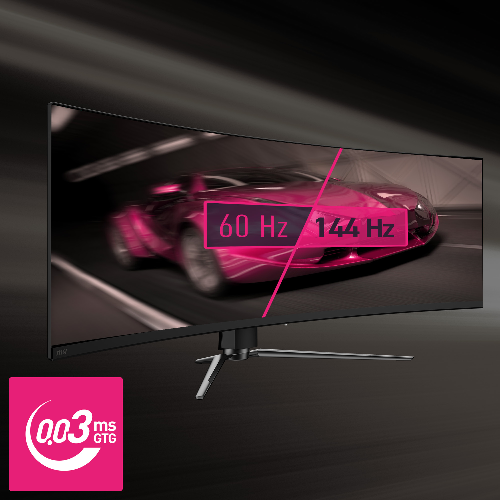 Ein gekrümmter Monitor zeigt einen pinken Sportwagen, 60Hz/144Hz, 0,03ms GTG.