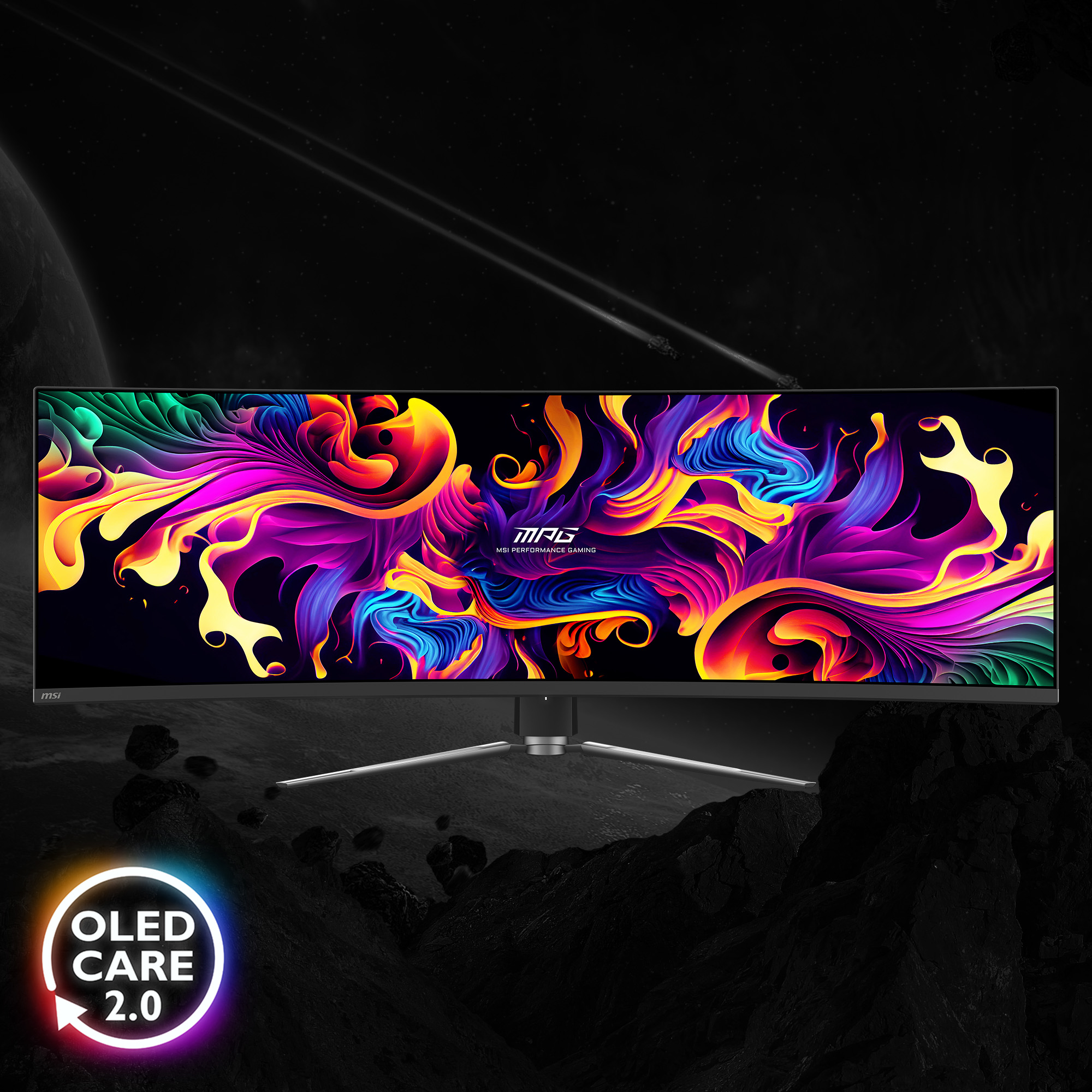 Ein ultrakcurses MSI Gaming-Monitor mit lebendigem Display, Weltraum-Hintergrund und 