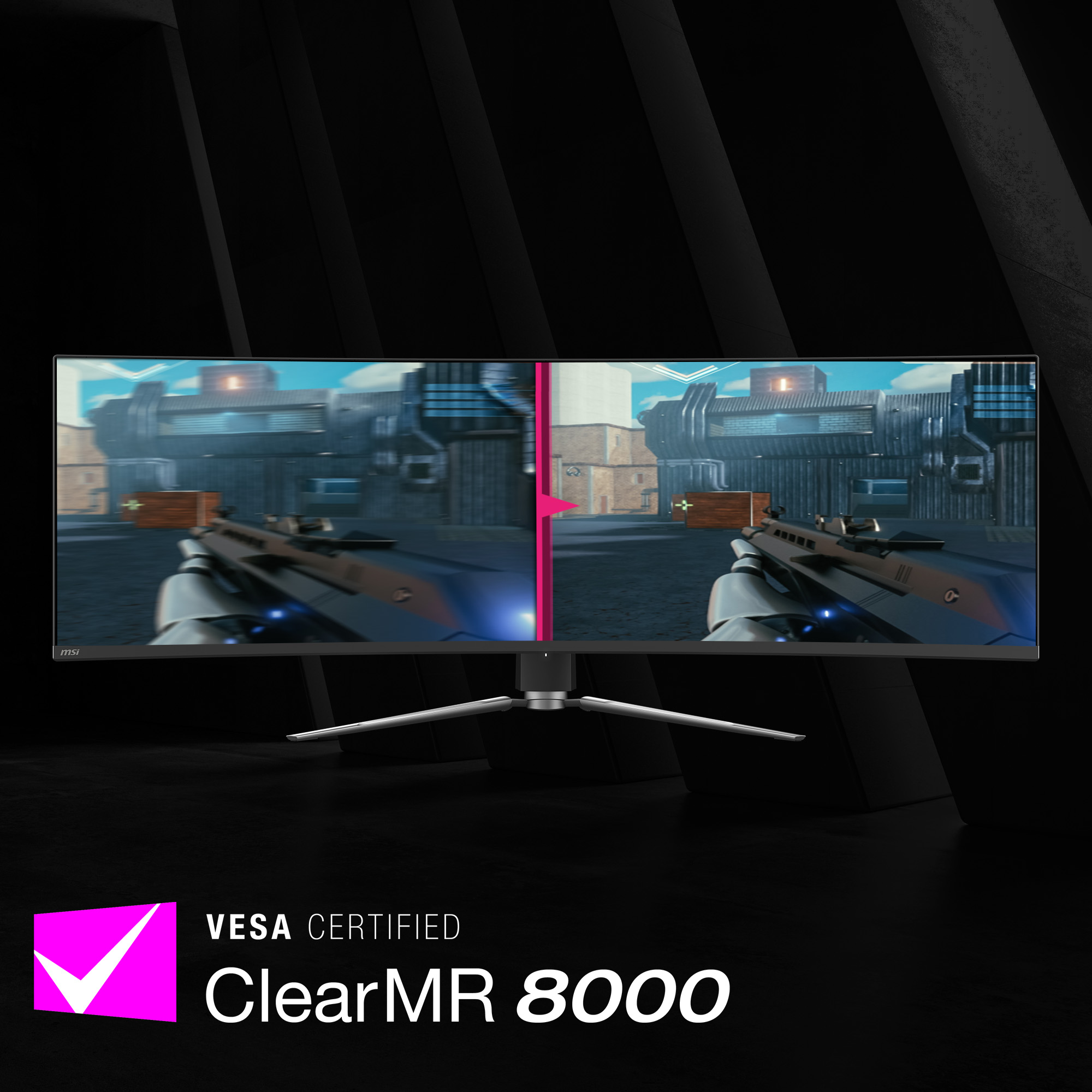 MSI-Monitor zeigt geteilten Bildschirm eines Videospiels. Links mit Bewegungsunschärfe, rechts klar.