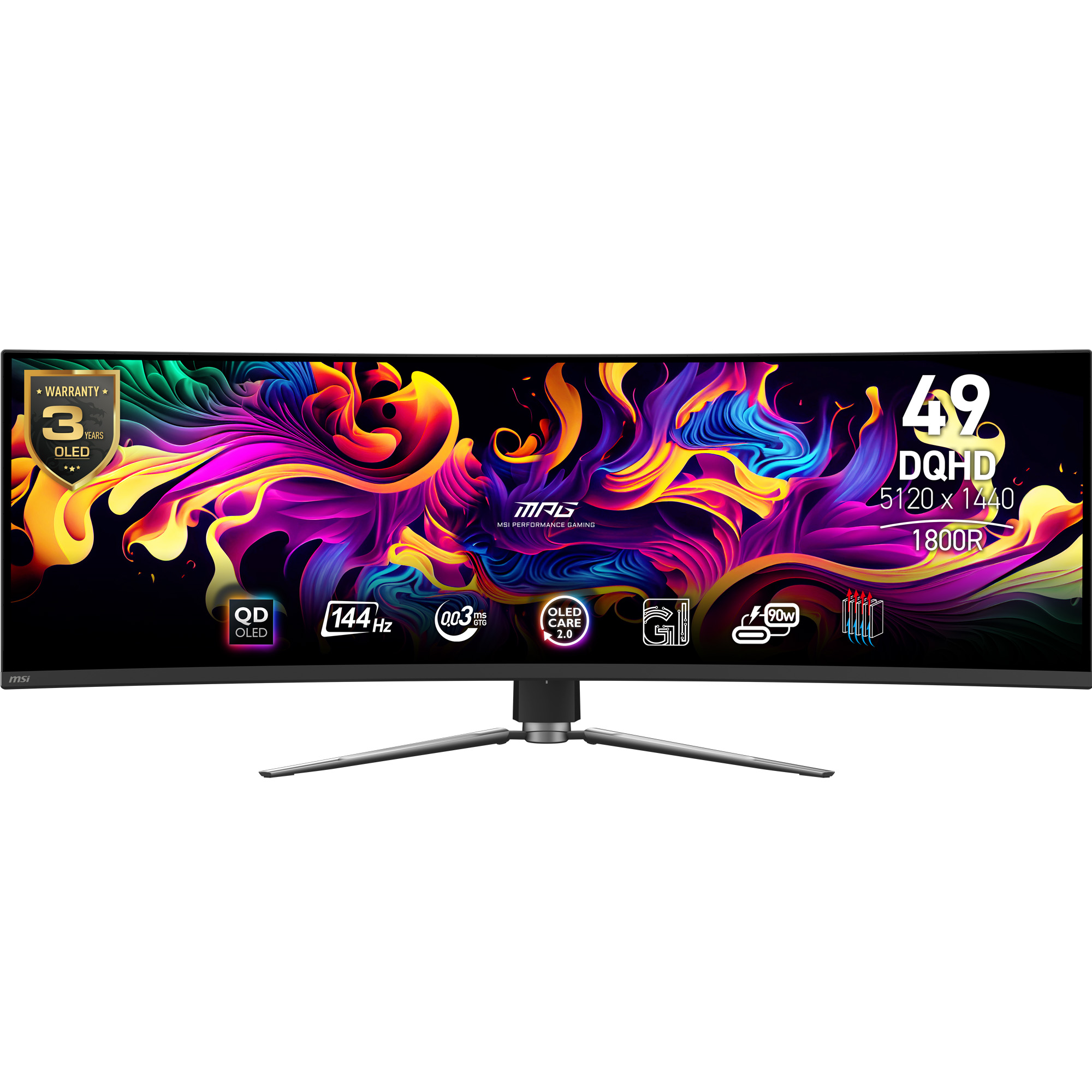 Ein breiter MSI QD-OLED-Monitor mit bunter abstrakter Grafik und Produktmerkmalen.