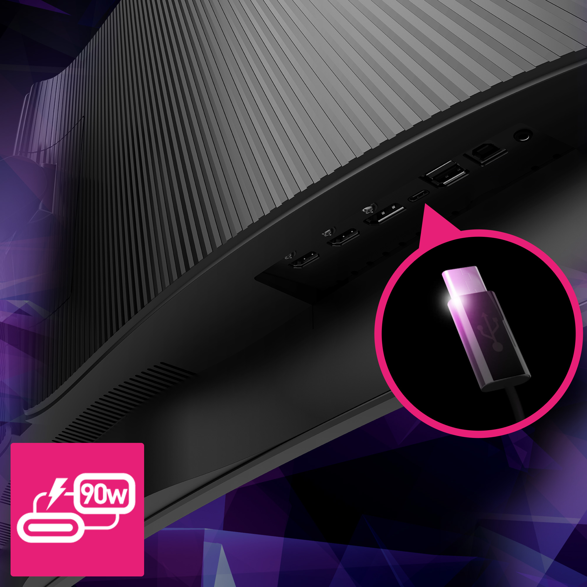 Rückseite eines Monitors mit Anschlüssen und einem USB-C-Kabel mit 90W.