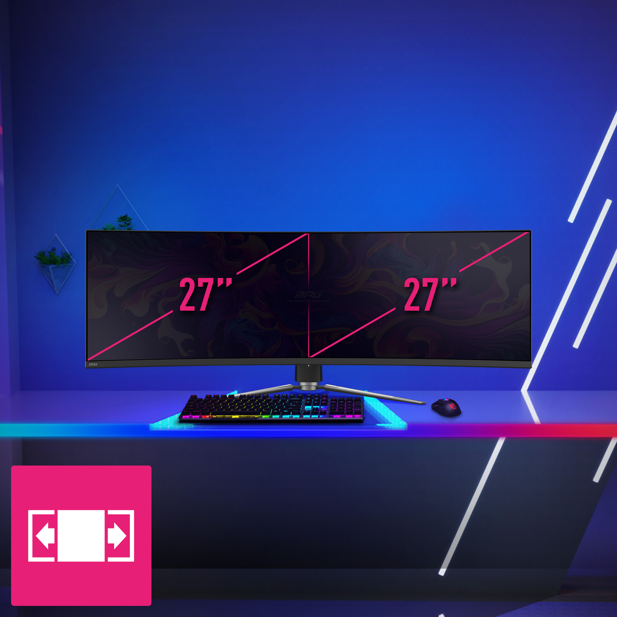 Ein breiter MSI-Monitor mit 27 Zoll Bildschirmgröße steht auf einem Schreibtisch mit Tastatur und Maus.