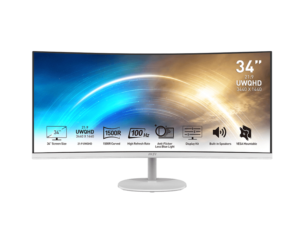 Ein weißer MSI-Monitor mit 34 Zoll, 21:9 UWQHD-Auflösung und gebogenem Bildschirm.