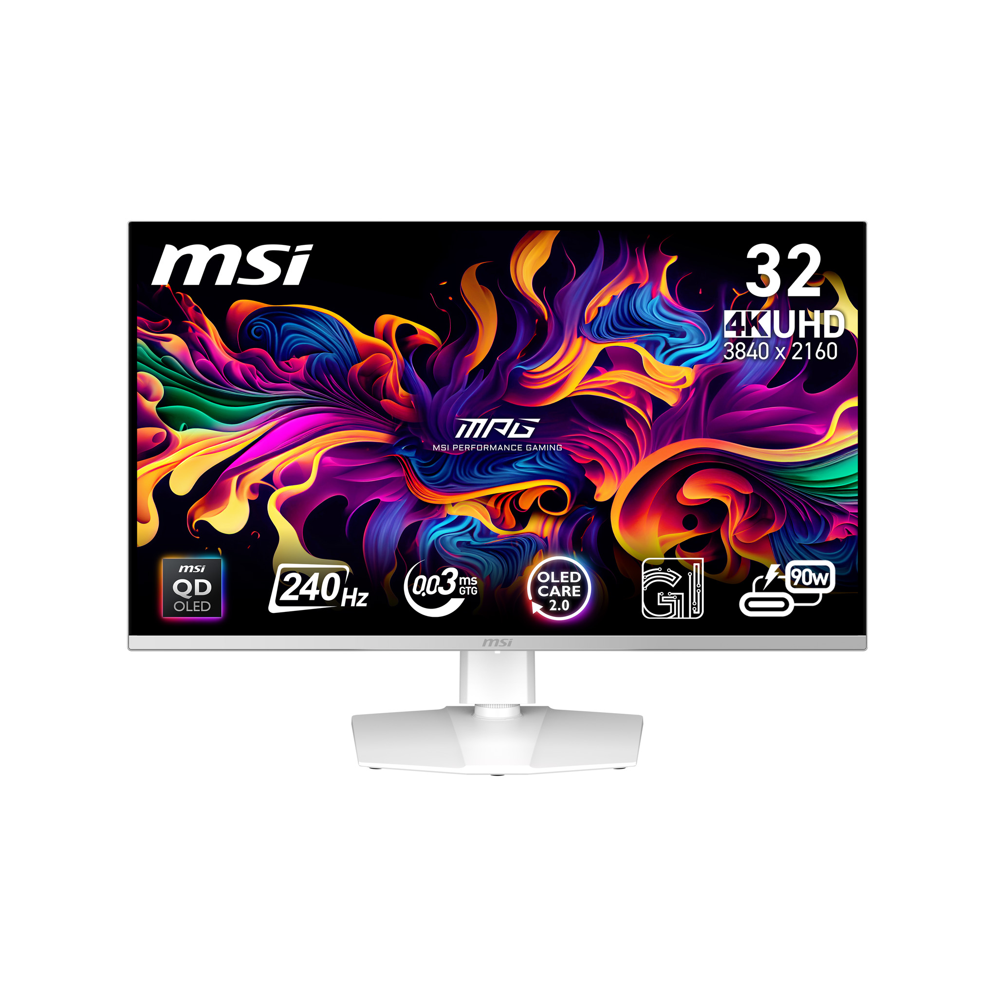 Ein weißer MSI Gaming-Monitor mit 32 Zoll 4K UHD-Auflösung und bunten Grafiken.