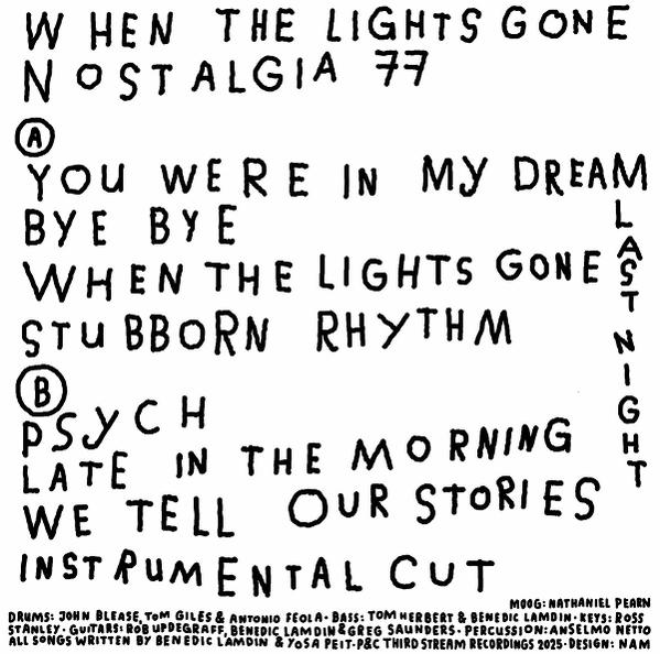 Schwarz-weiße Liste mit Songtiteln, Bandinformationen und einem "Last Night"-Schriftzug.