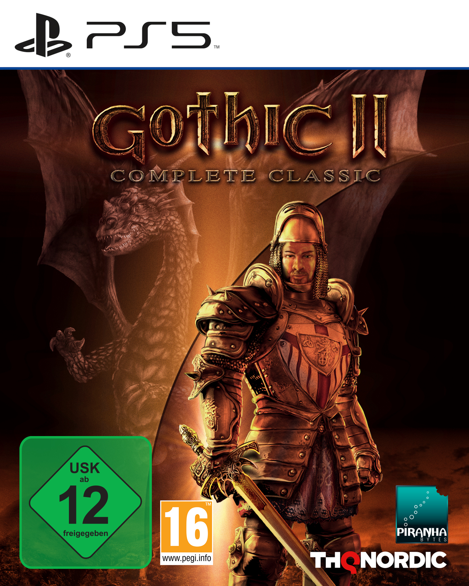 Ein Ritter in Rüstung steht vor einem Drachen. PS5 und USK 12 Siegel.