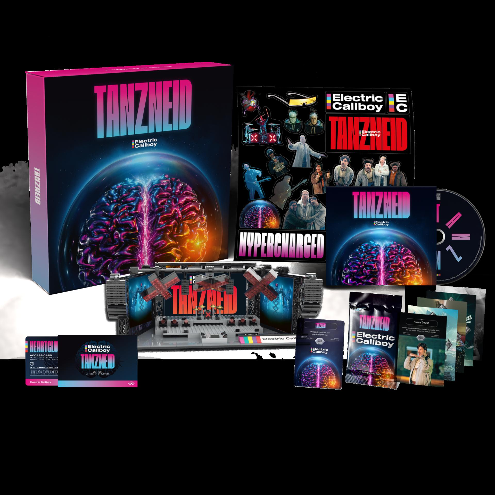 Electric Callboy "Tanzneid" Merchandise: Box, Sticker, CD, Karten und Boosterpack.