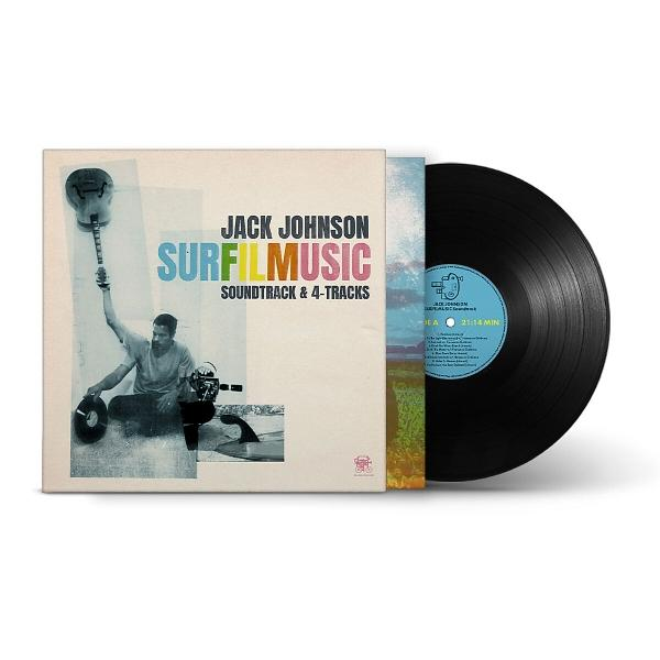 Jack Johnson Surf Filmusic Schallplatte mit Cover, Mann hebt Gitarre, weiße Hintergrund.