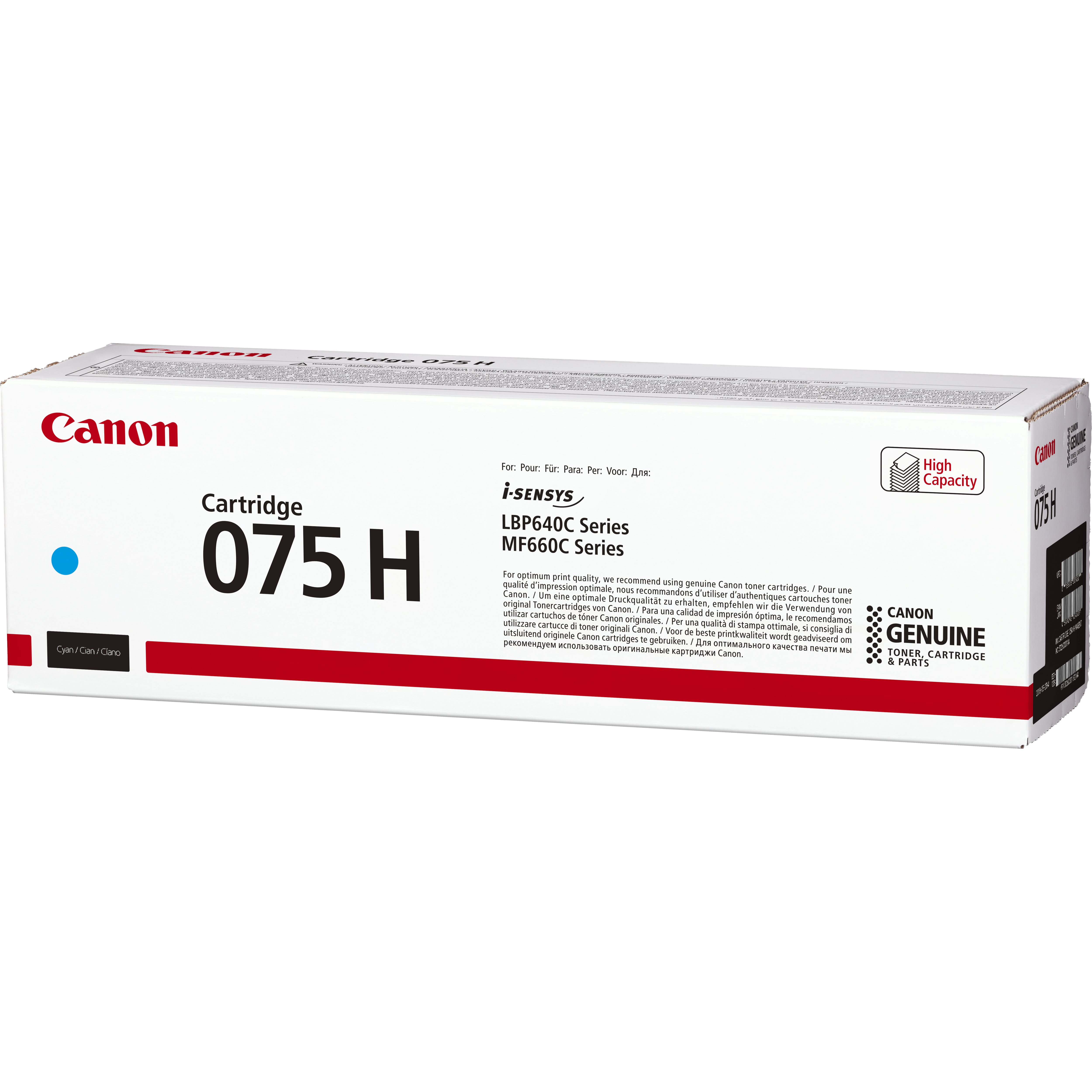 Weiße Canon-Tonerpatronen-Box mit rotem und blauem Aufdruck, Modell 075 H.