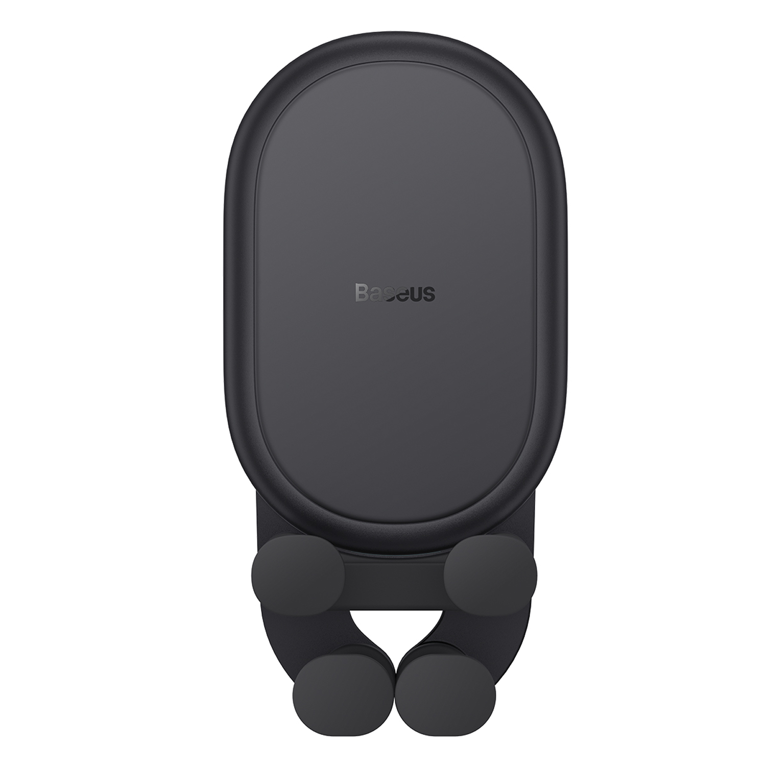 Un soporte negro para teléfono de coche con la marca "Baseus" en la parte superior.