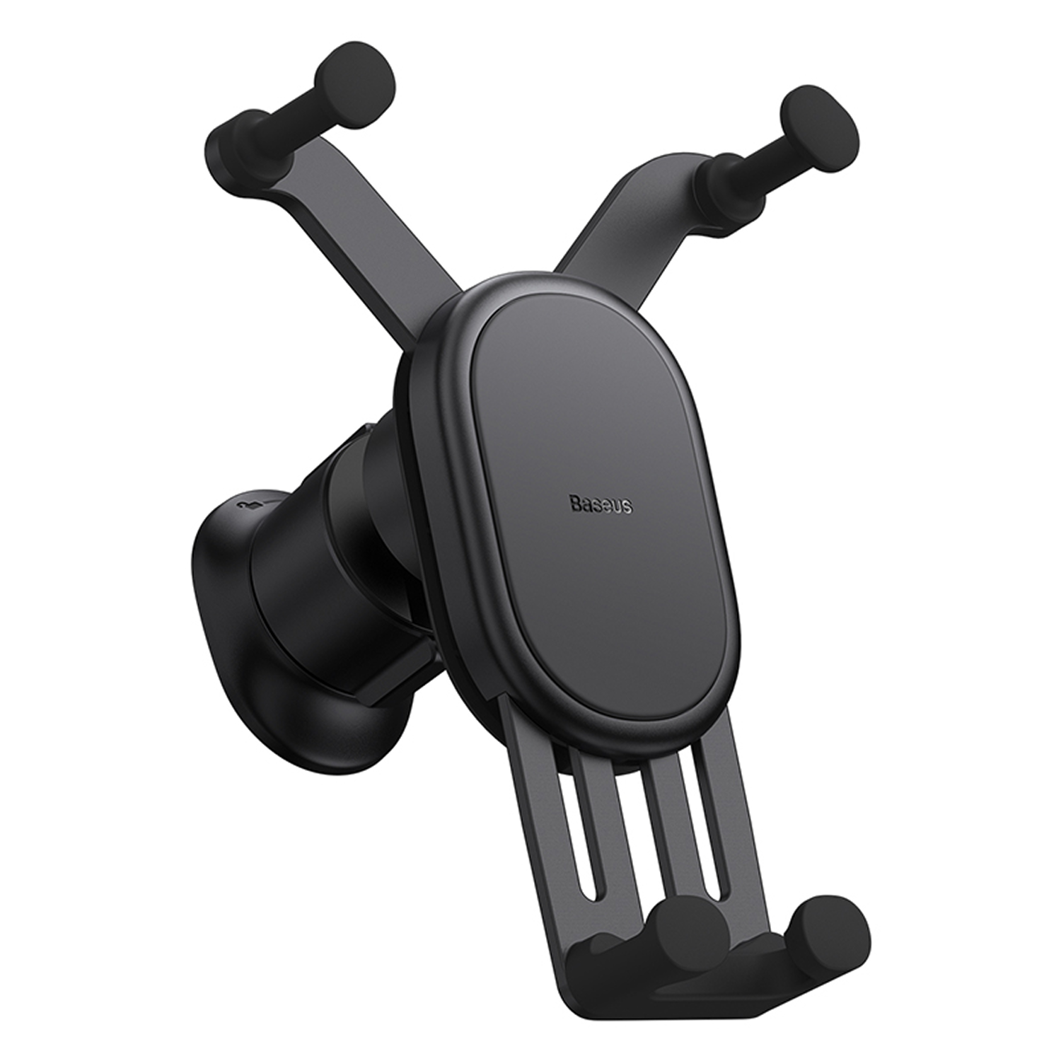 Un soporte negro para teléfono de coche con brazos y ganchos ajustables.