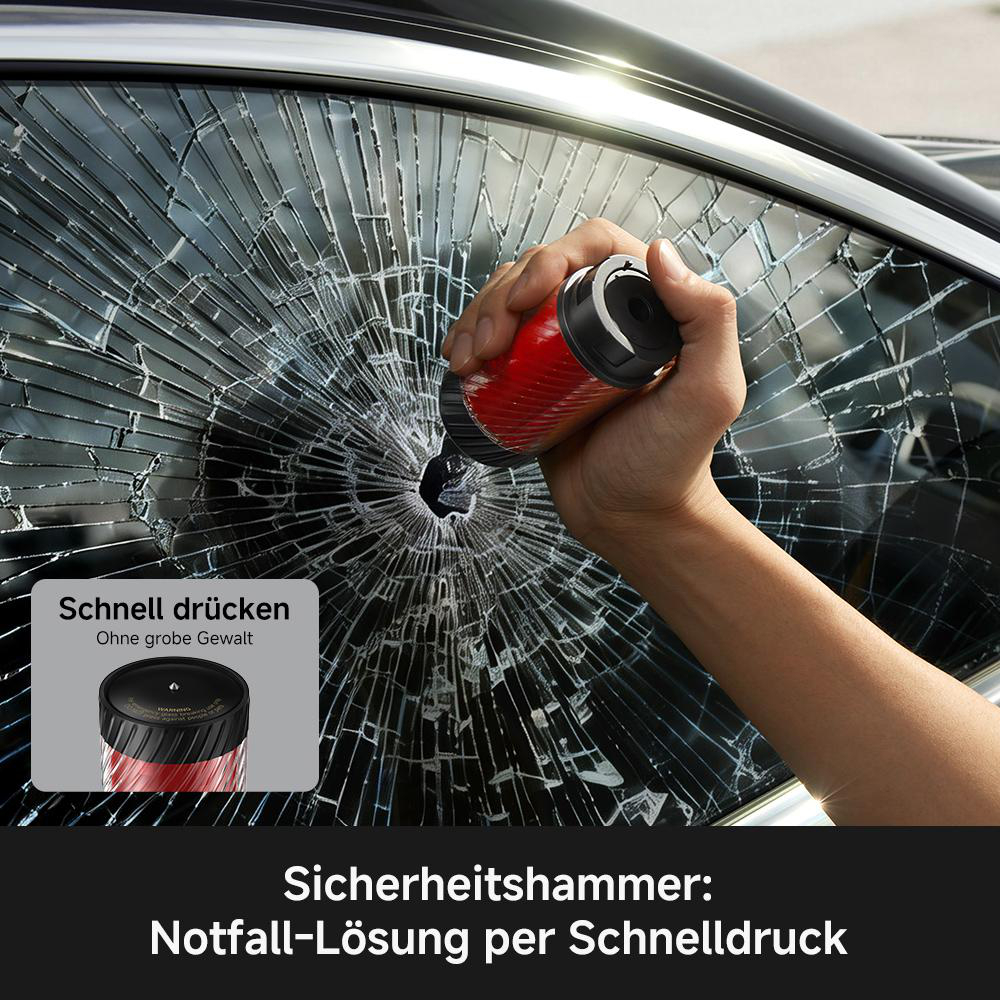 Hand hält roten Notfallhammer, zerbricht Autoscheibe. Text: Schnell drücken.
