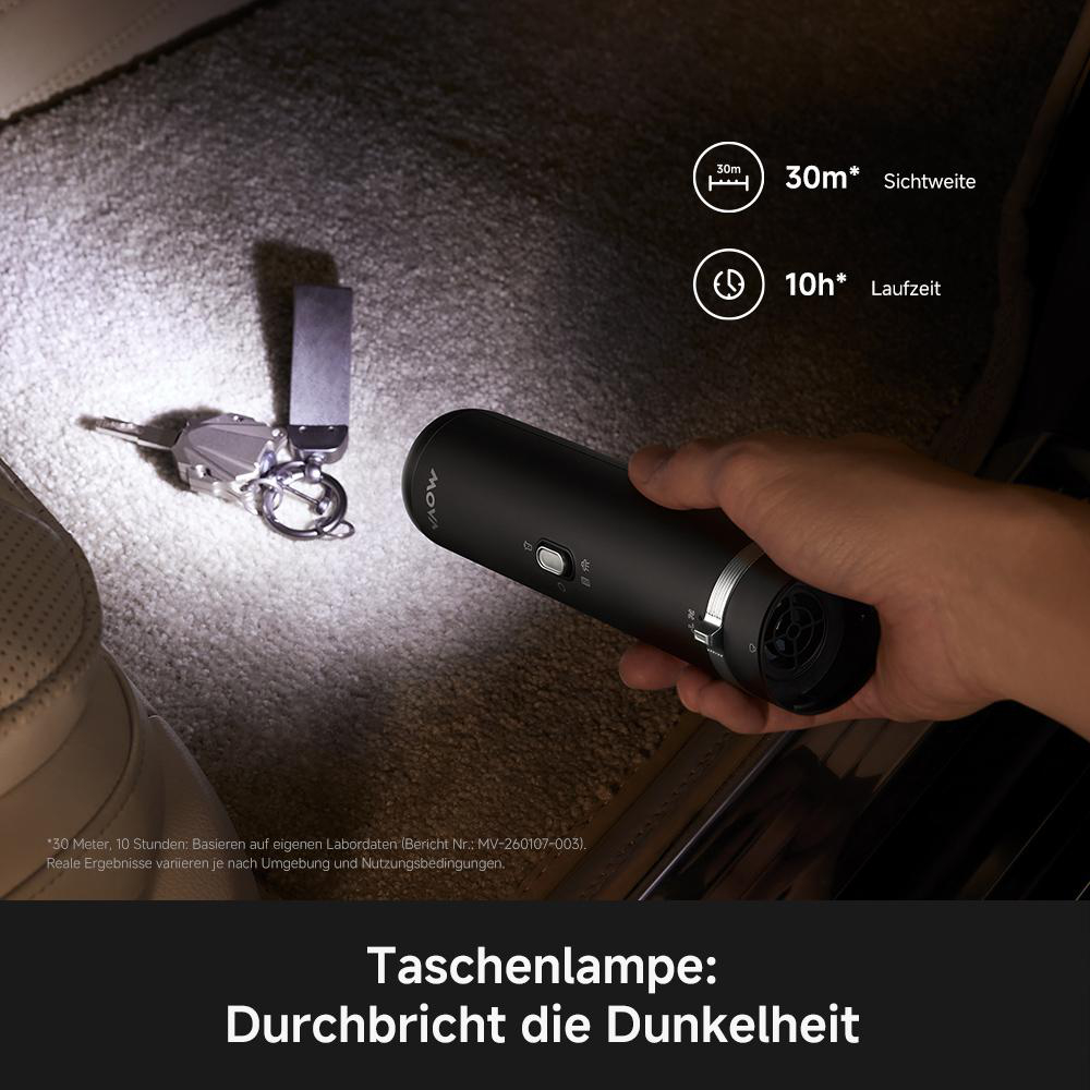 Hand hält Taschenlampe, beleuchtet Schlüssel und Teppich. Spezifikationen angezeigt.