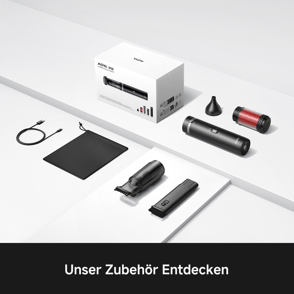 Zubehör für MOVA H10: Reinigungsbürste, Aufsatz, Ladeeinheit und Tasche.