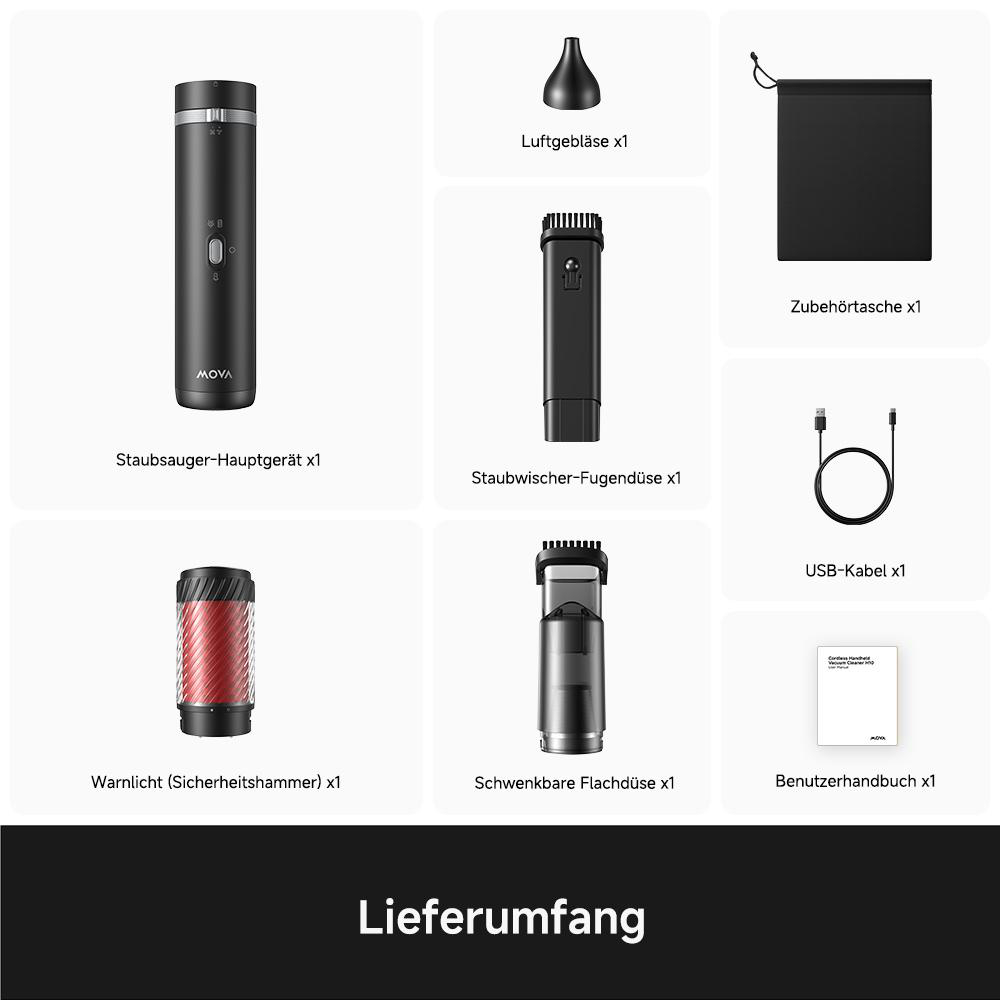 Verschiedene Zubehörteile für einen Staubsauger, darunter Hauptgerät, Düsen, Tasche, Kabel und Handbuch.