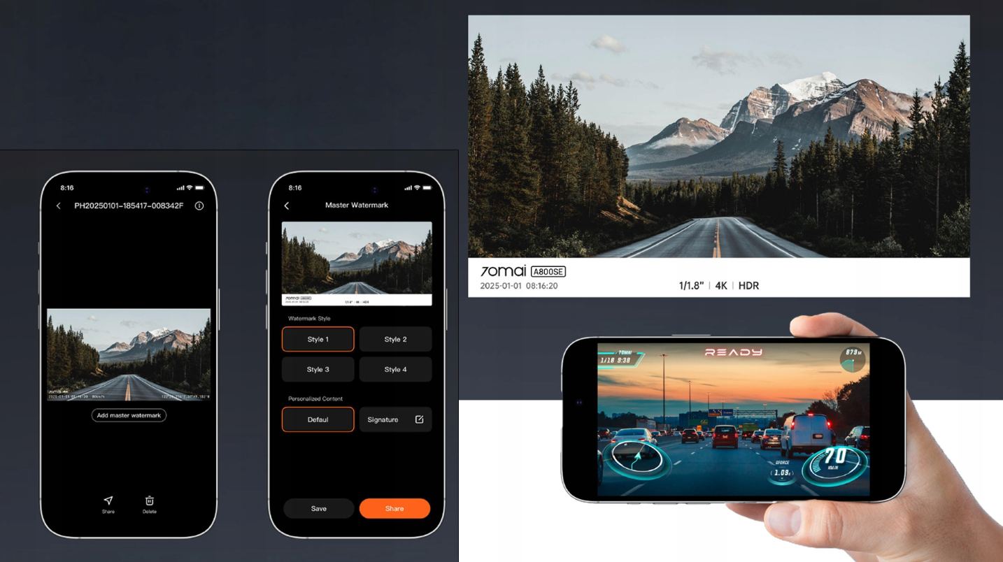 Trzy ekrany: interfejs aplikacji, zdjęcie krajobrazu i smartfon z ruchem ulicznym.