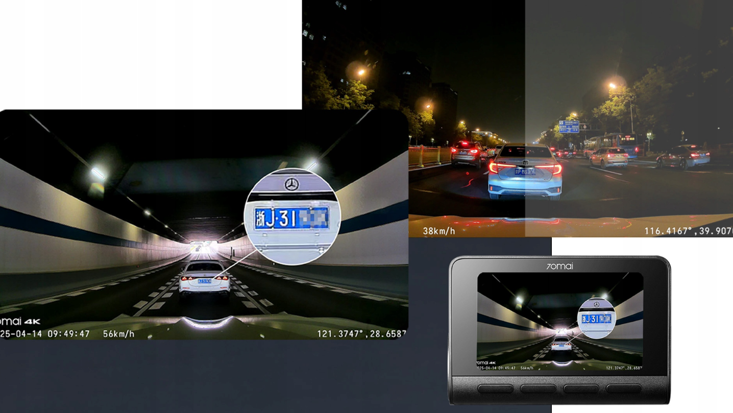 Wiele nocnych przejazdów, jeden pokazuje zbliżenie tablicy rejestracyjnej samochodu.