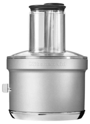 Ezüst KitchenAid toldalék átlátszó tartállyal és fekete fedéllel.