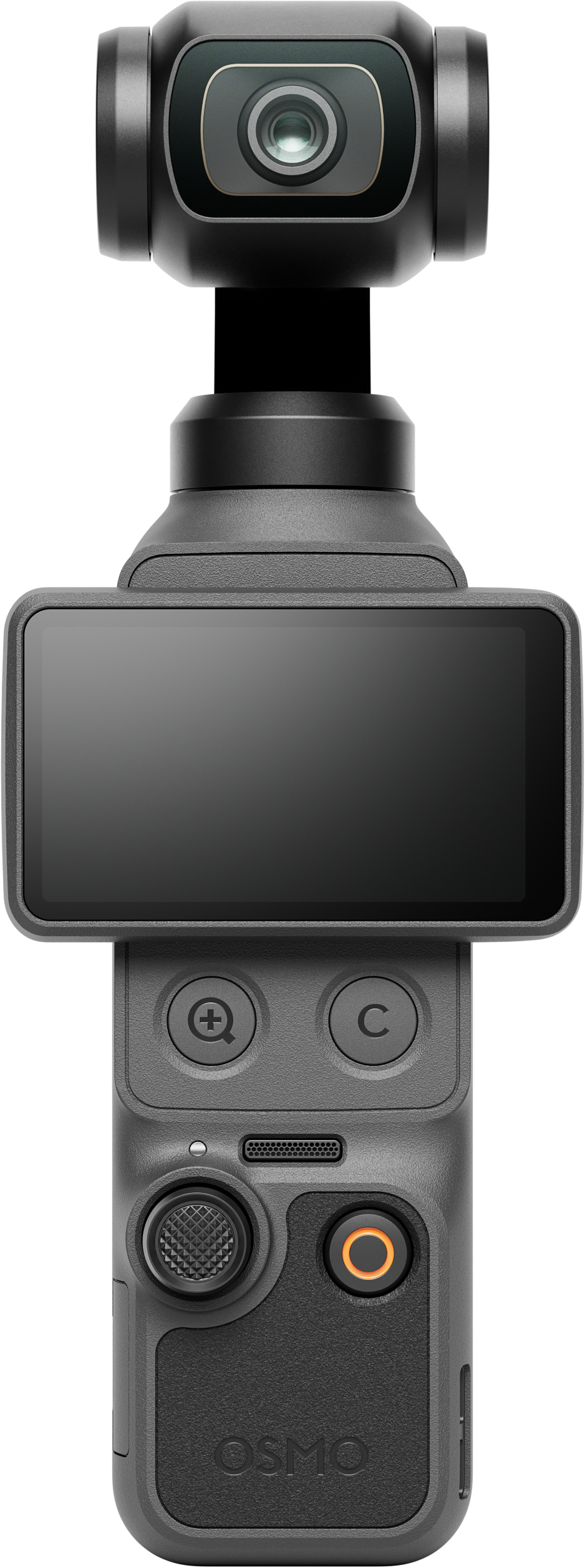 Eine dunkelgraue Osmo-Kameragimbal mit Touchscreen, Linse und Knöpfen.