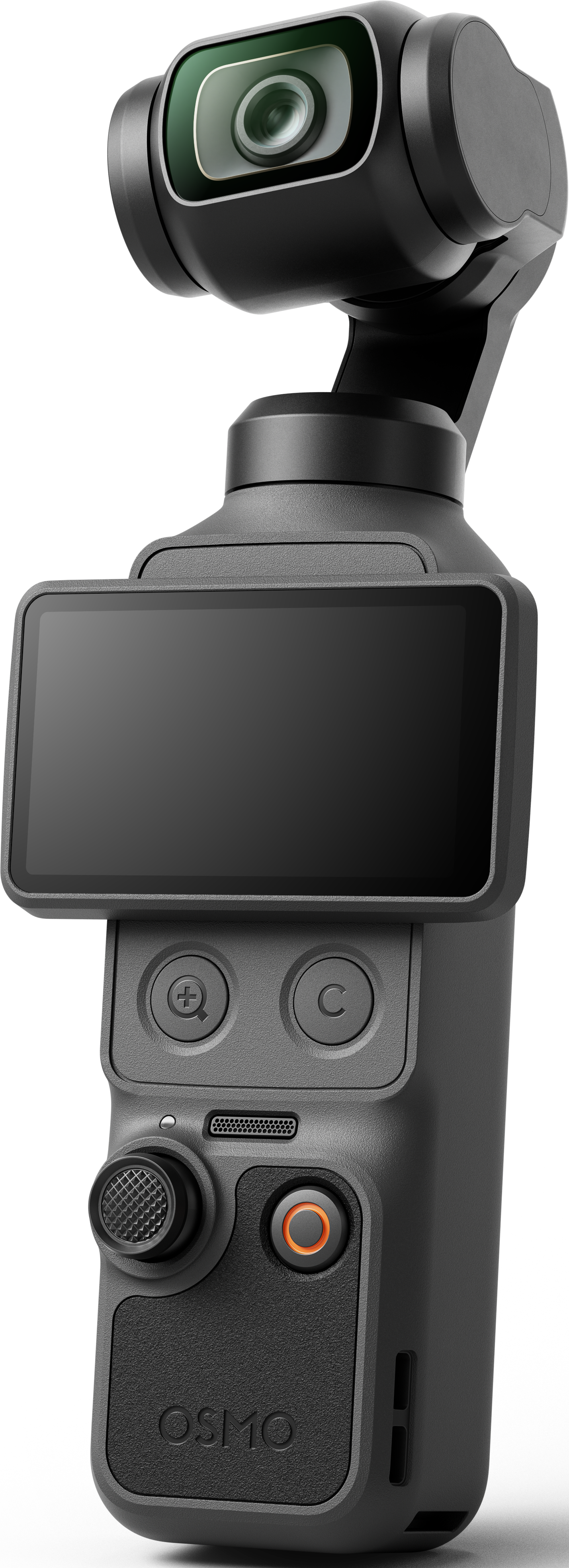 Ein schwarzer Gimbal mit Kamera, Touchscreen und Bedienelementen.
