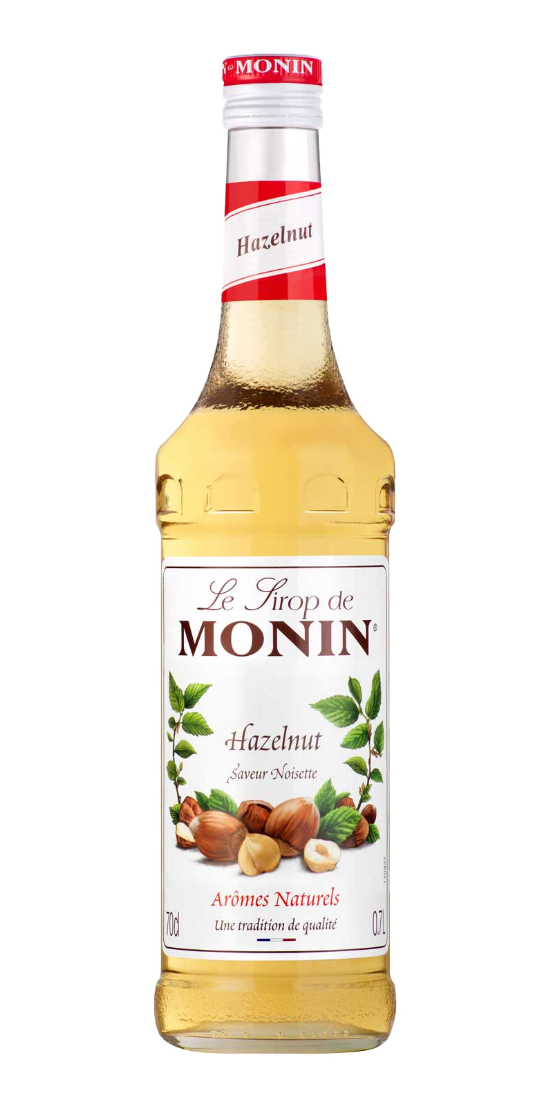 Une bouteille de sirop Monin Noisette avec des noisettes sur l'étiquette.