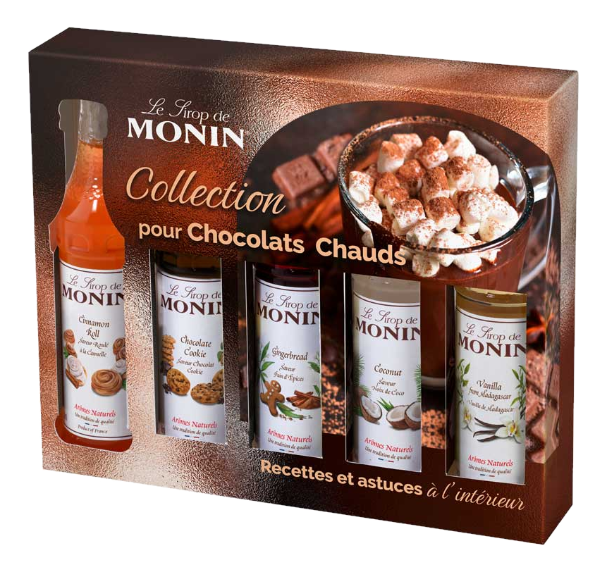 Collection de sirops Monin pour chocolats chauds, 5 bouteilles et guimauves.