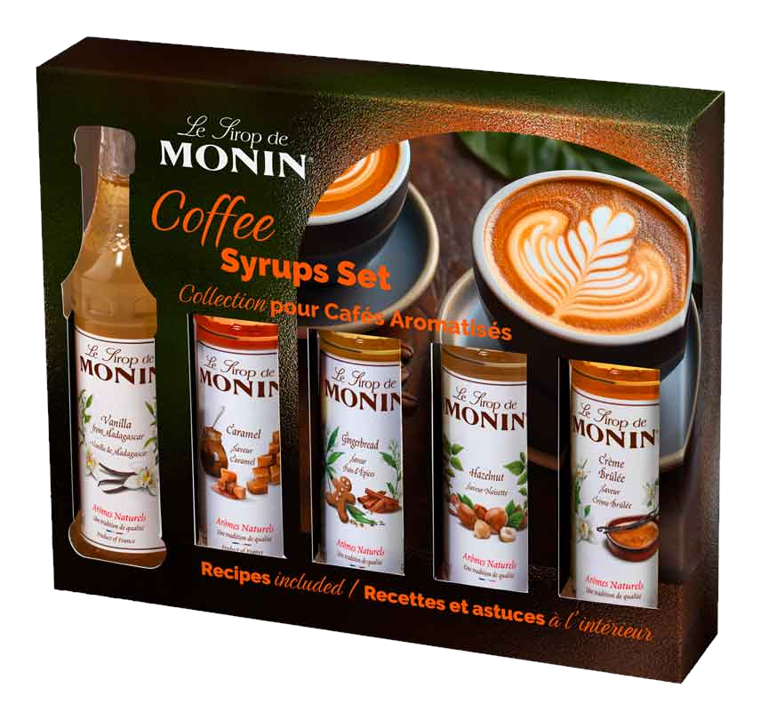 Set de sirops à café Monin avec 5 bouteilles : Vanille, Caramel, Pain d'épices, Noisette, Crème brûlée.