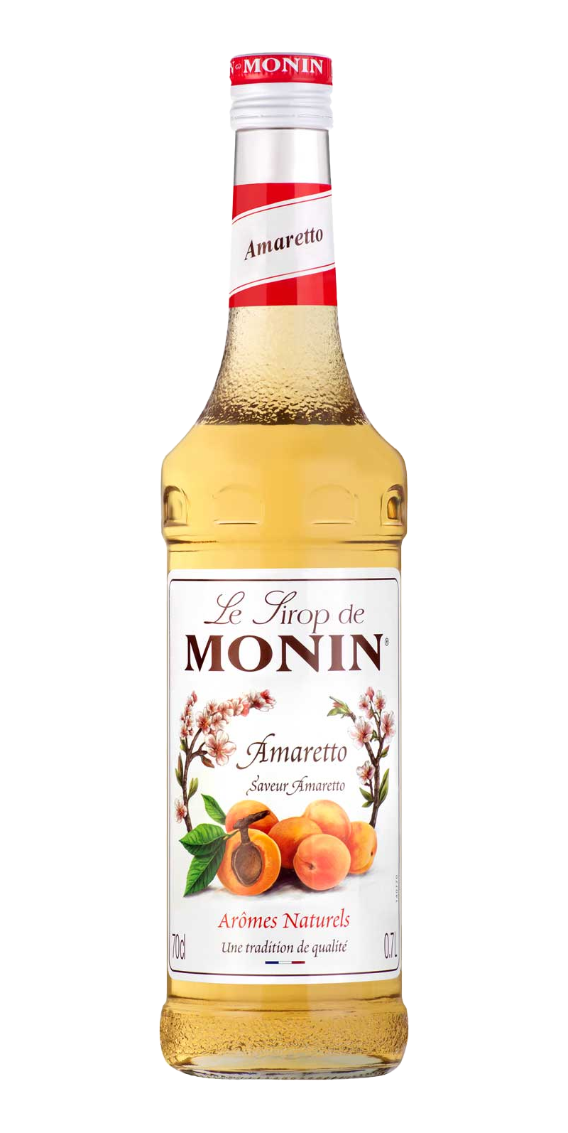 Une bouteille de sirop Monin Amaretto avec des pêches et des fleurs de cerisier.