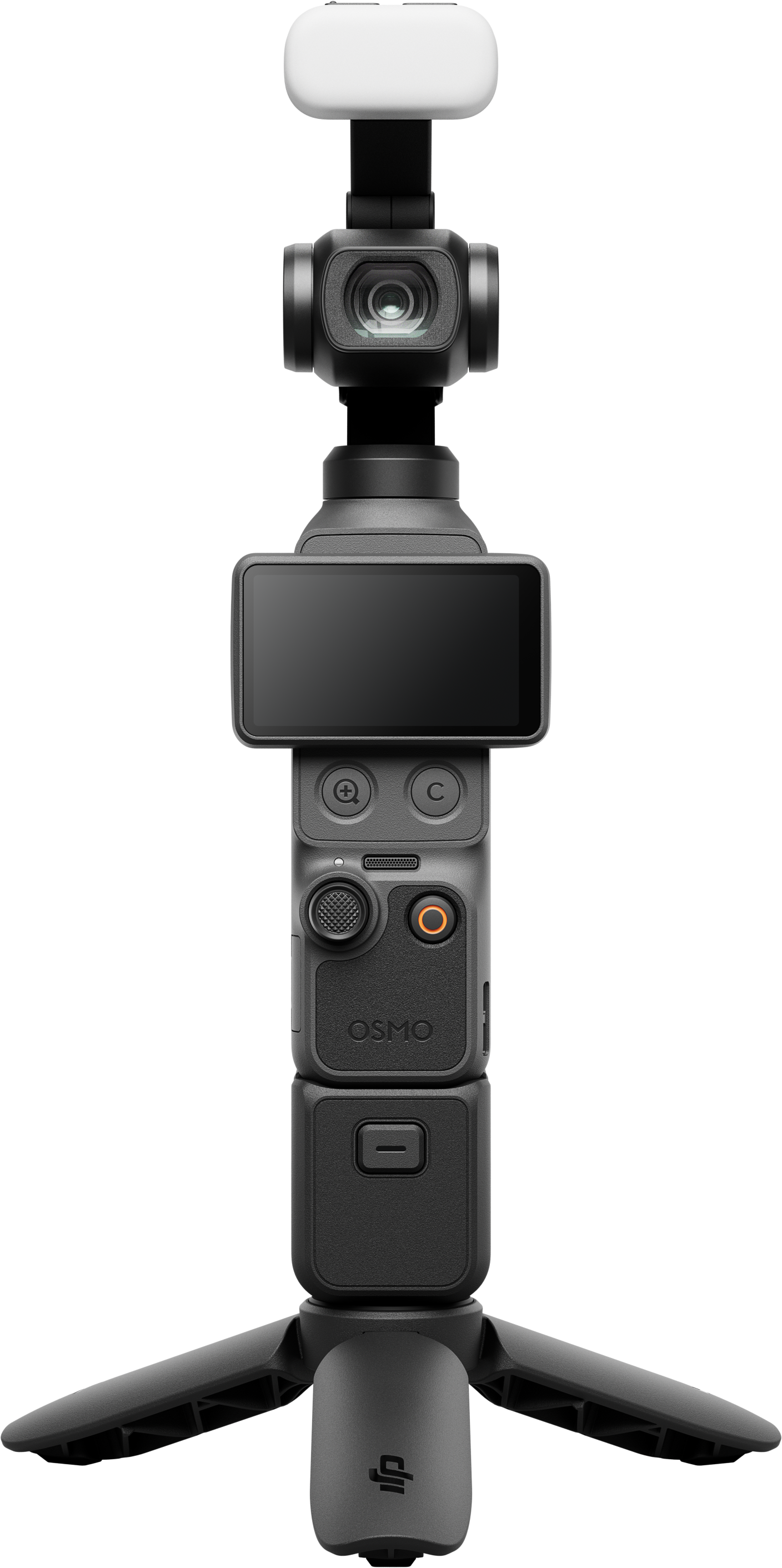 Ein schwarzes Gimbal mit Kamera, Bildschirm, Bedienelementen und Mini-Stativ.