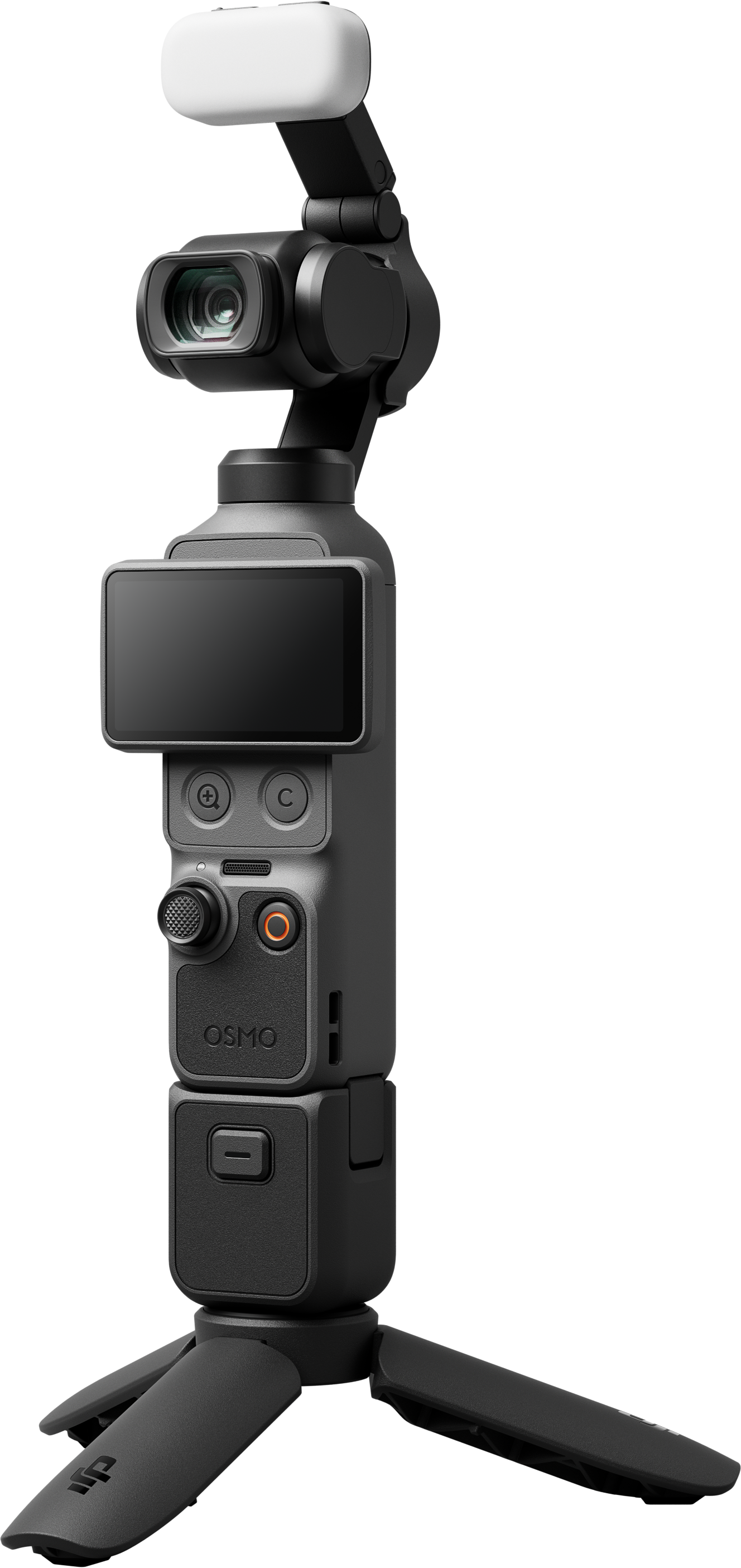 Ein schwarzer DJI Osmo Pocket 3 Gimbal mit Bildschirm und Kamera auf einem Stativ.