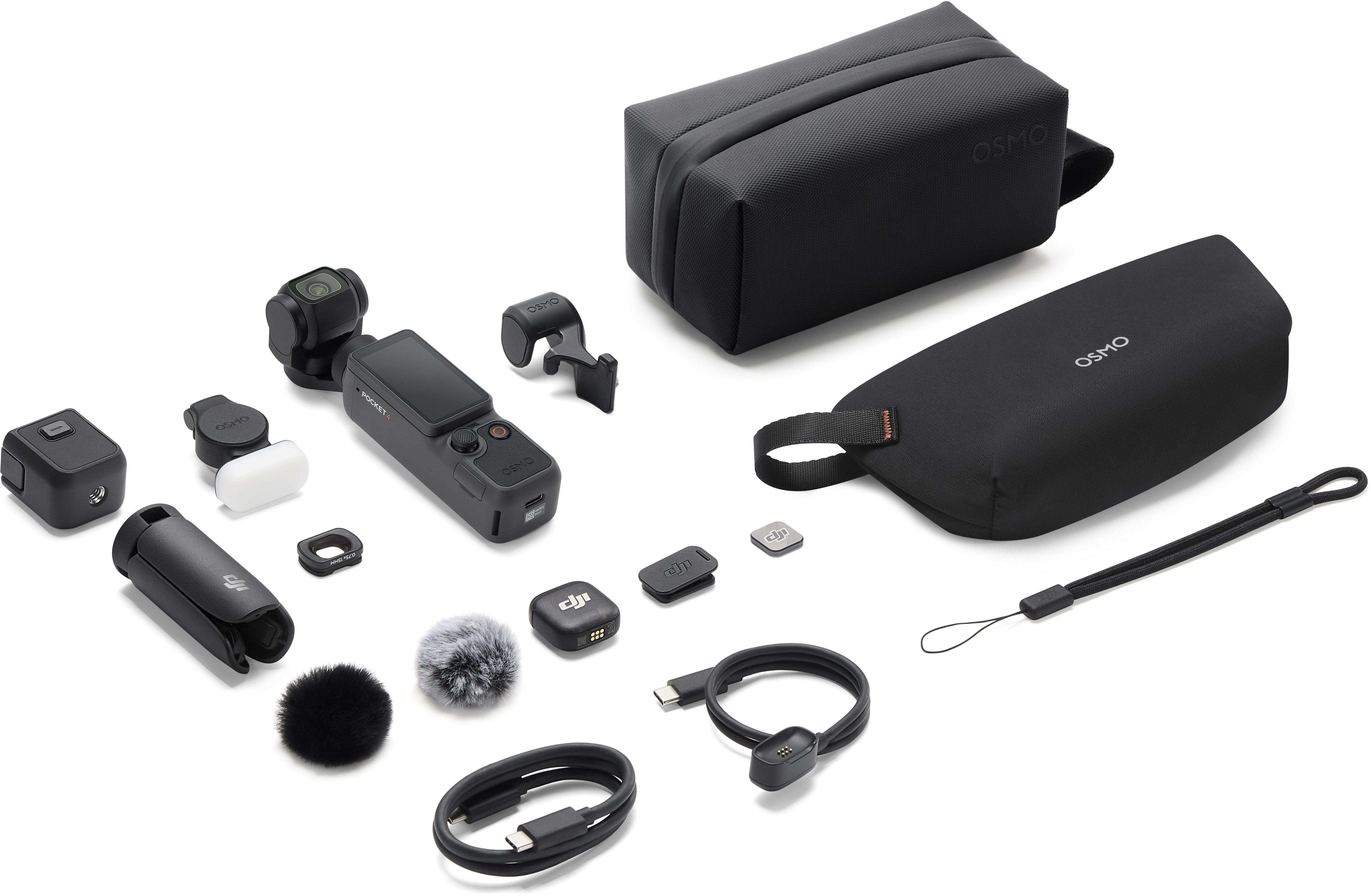 Ein DJI Osmo Pocket 4 mit Zubehör, darunter Taschen, Kabel und Windschutz.