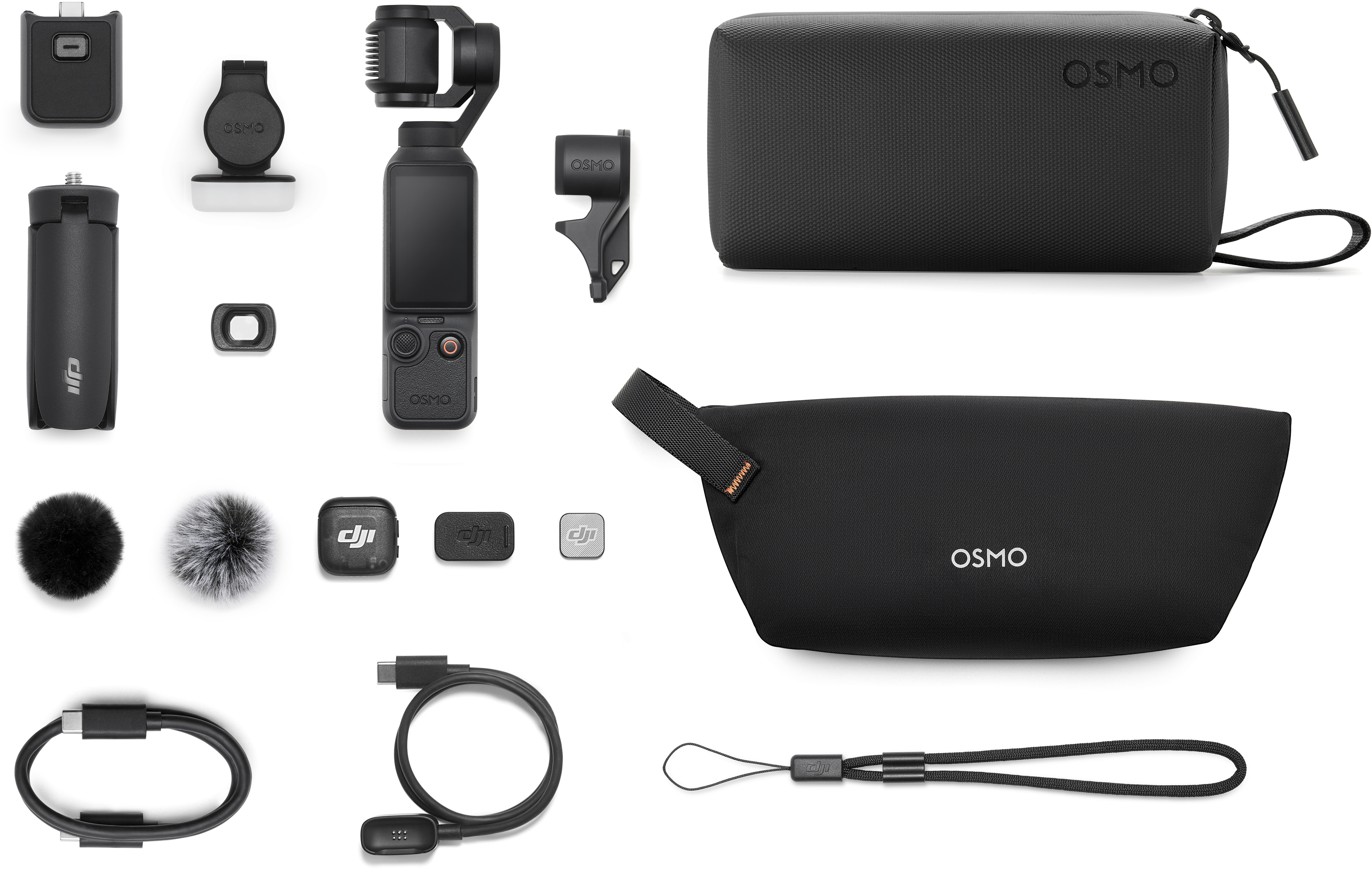 Schwarzes DJI Osmo Zubehör: Gimbal, Taschen, Kabel und Windschützer.