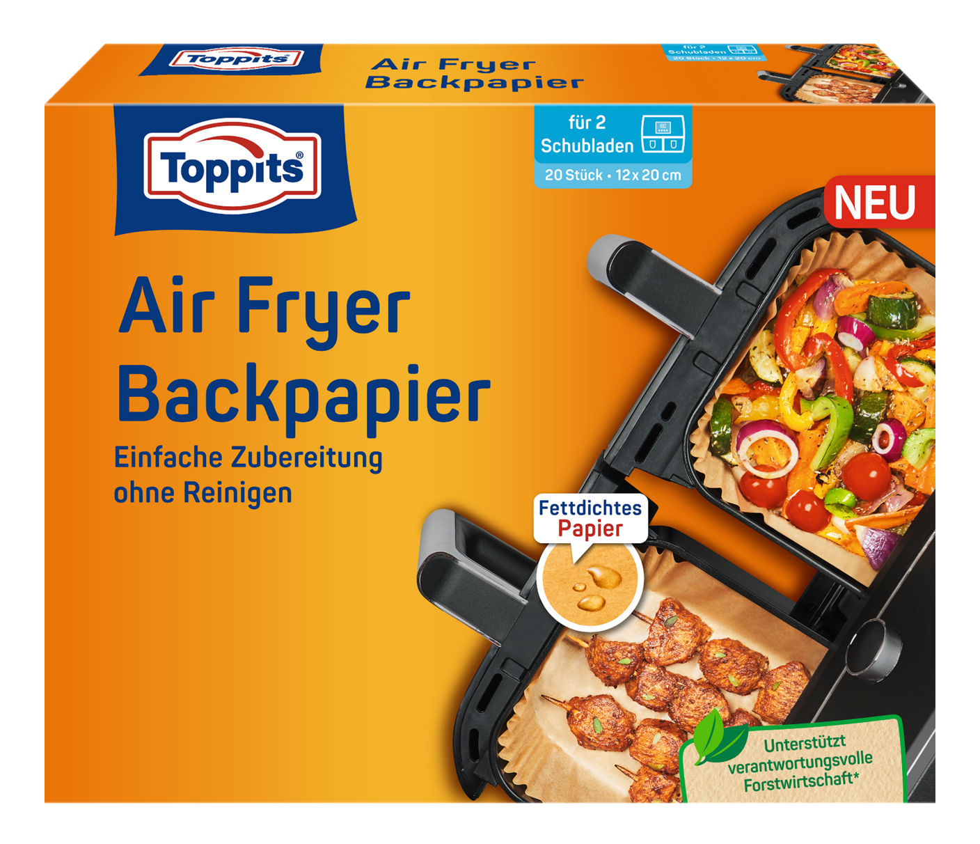 Verpackung für Toppits Heißluftfritteusen-Backpapier, mit Bildern von Gemüse und Fleischspießen.