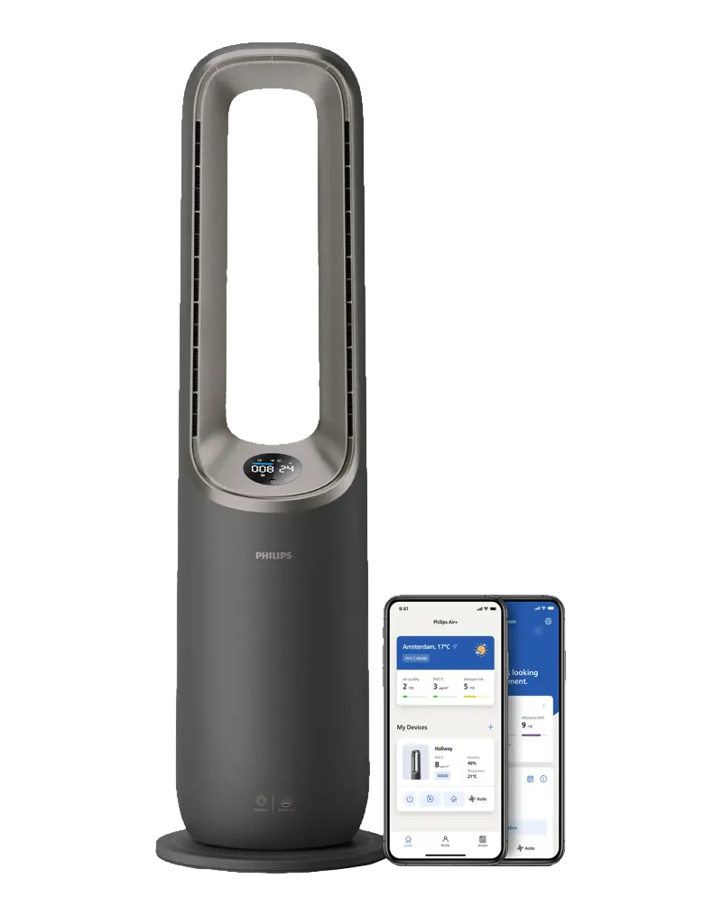 Ein dunkler Turmventilator neben zwei Smartphones mit einer App.