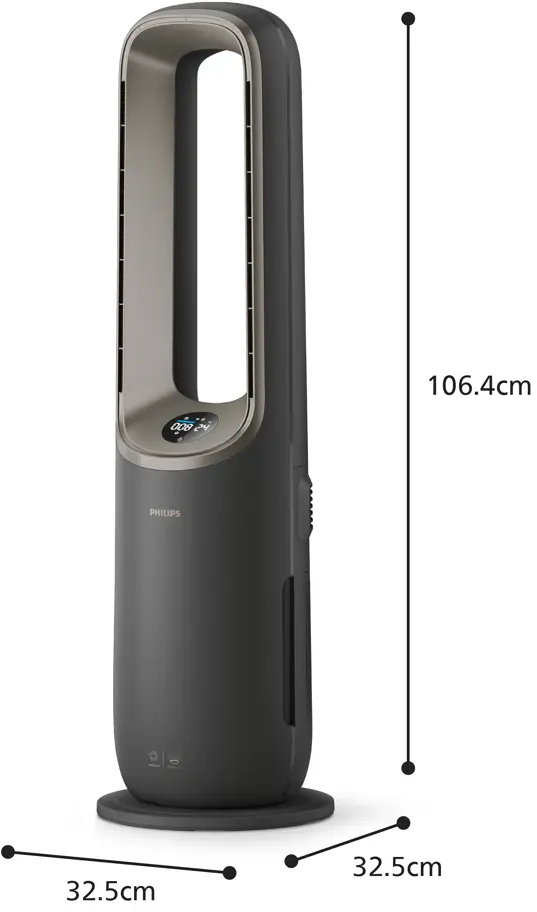 Ein hoher, dunkler Turmventilator mit digitaler Anzeige und Maßen.